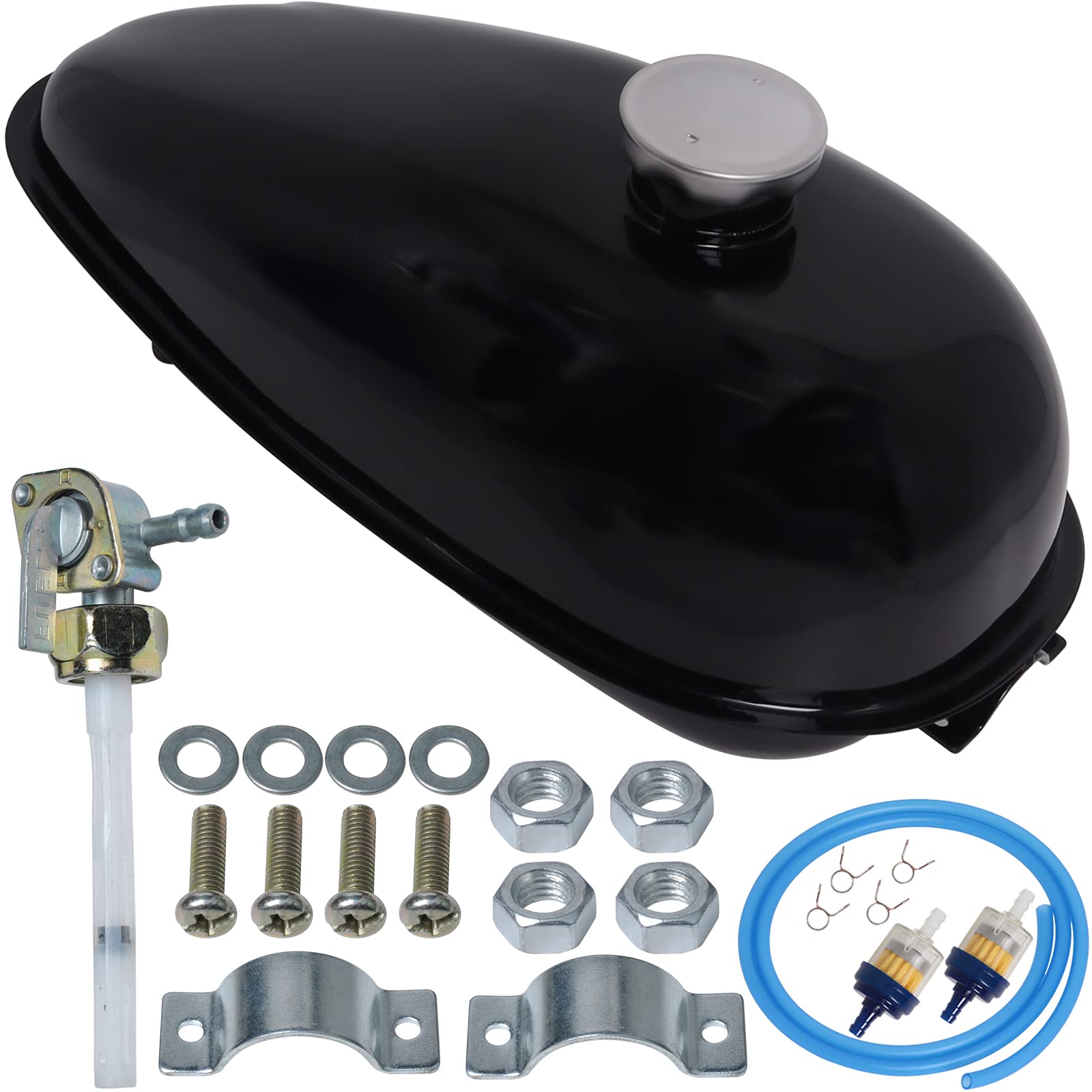 4L Gas Tank for Motorized Bicycle, Gas Tank for Motorized Bicycle with Cap Spark Plug Petcock Fuel Line Filter, for 49cc 60cc 80