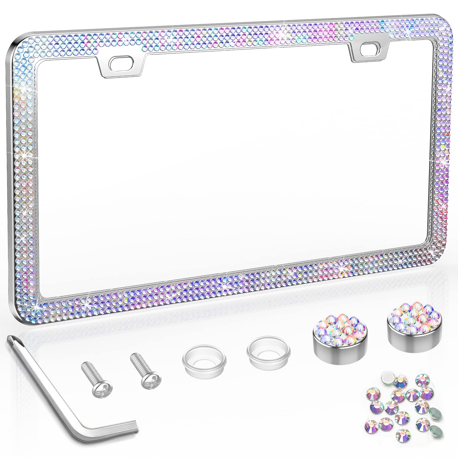 QiqaMole 2 Pack License Plate Frame Include 1 Silicone License Plate Frame and 1 Crystal License Plate Cover with Rhinestone Cry