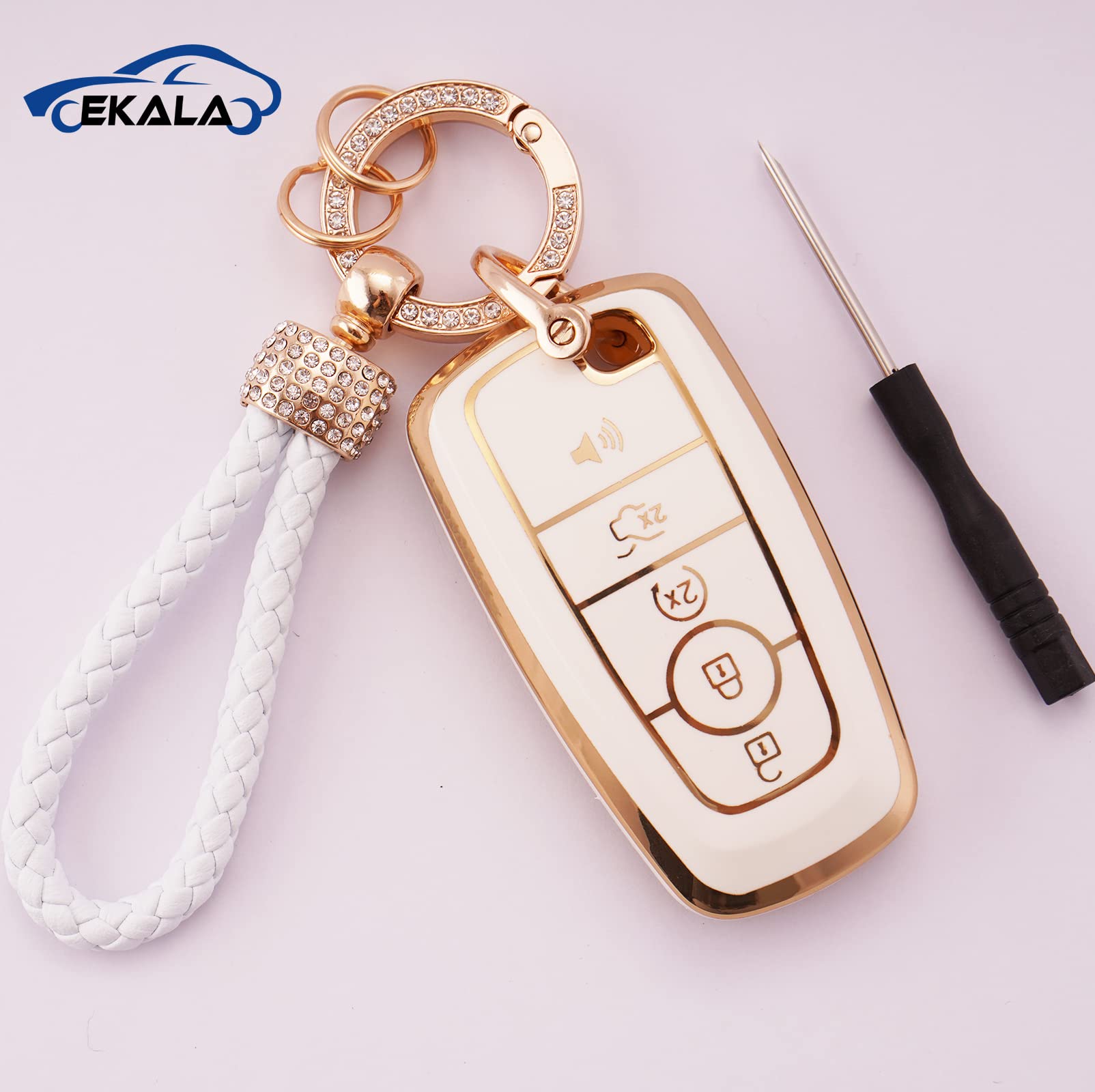 Ekala For Ford Key Fob Cover With Keychain Lanyard, 5 Buttons Soft Tpu Keys Shells Girly White Key Fob Cover Compatible With Ford Explorer Fusion Mustang F150 Edge Escape Expedition Lincoln(Frd-5)