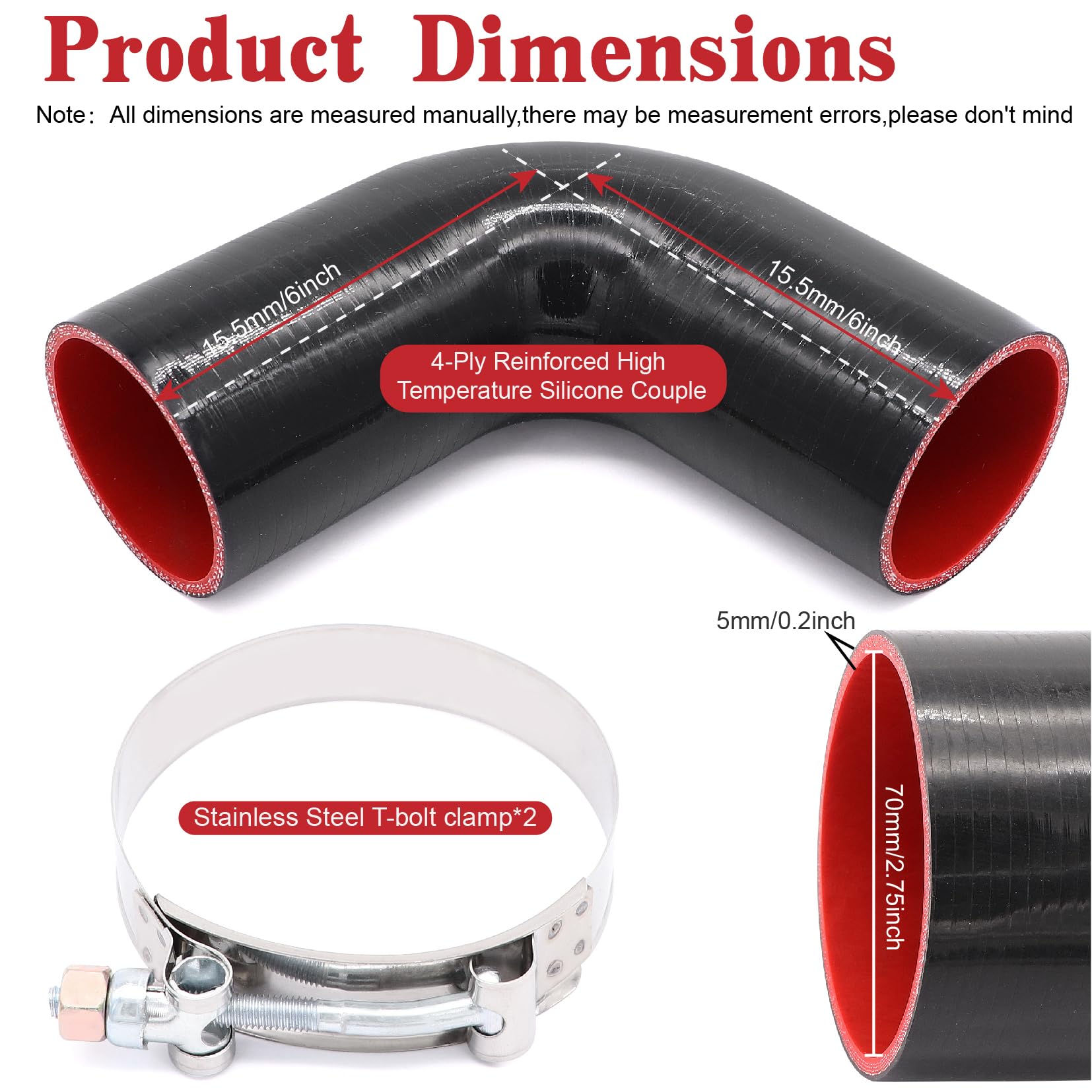 Taukealugs 90 Degree Elbow Coupler Silicone Hose 4-Ply 2.75-Inch(70Mm) For Turbo/Intercooler/Intake Piping,Length 120Mm Thicknes