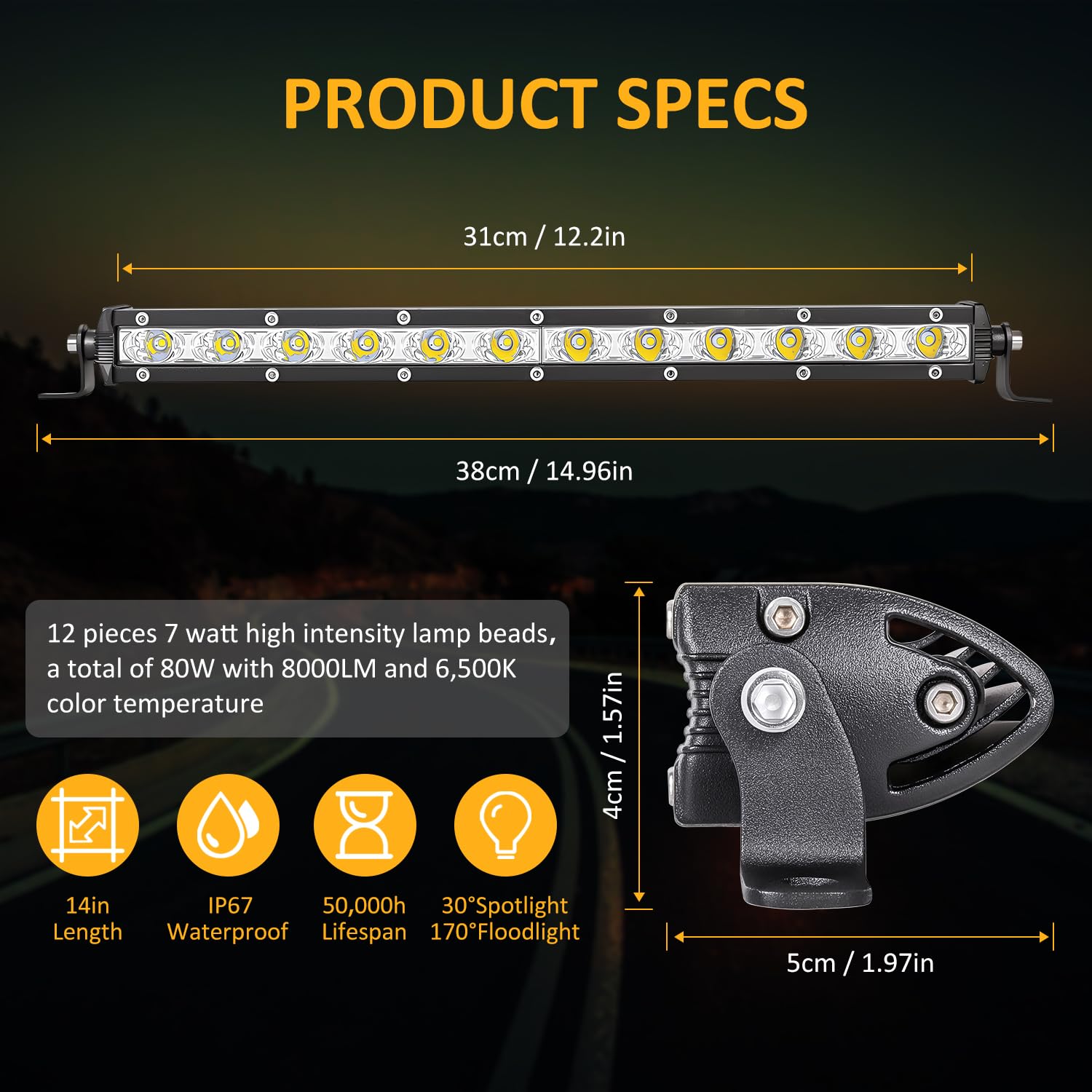 Zmoon Led Light Bar 12In Signal Row Light Bar [14In W/Bracket] 40W Spot Flood Combo Off Road Light, Waterproof Slim Light Bar Fo