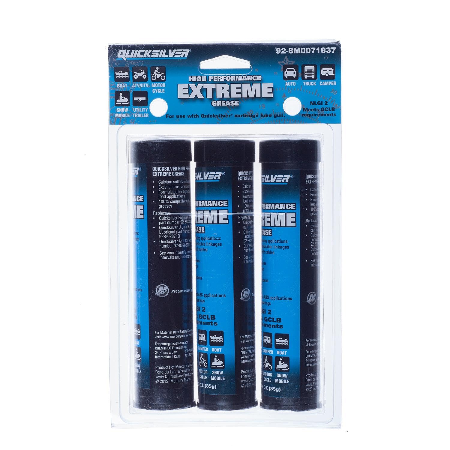 Quicksilver 8M0071837 High Performance Extreme Grease/Lubricant With Ptfe, 3-Oz. Cartridges, Pack Of 3