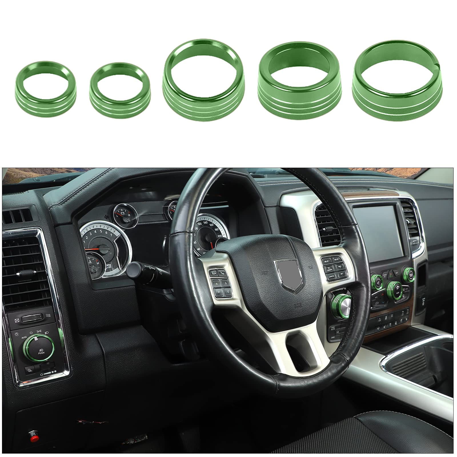 Voodonala for Dodge RAM Air Conditioner Headlight Switch CD Knob Trim for 2013-2017 Dodge RAM Aluminum 5pcs Green