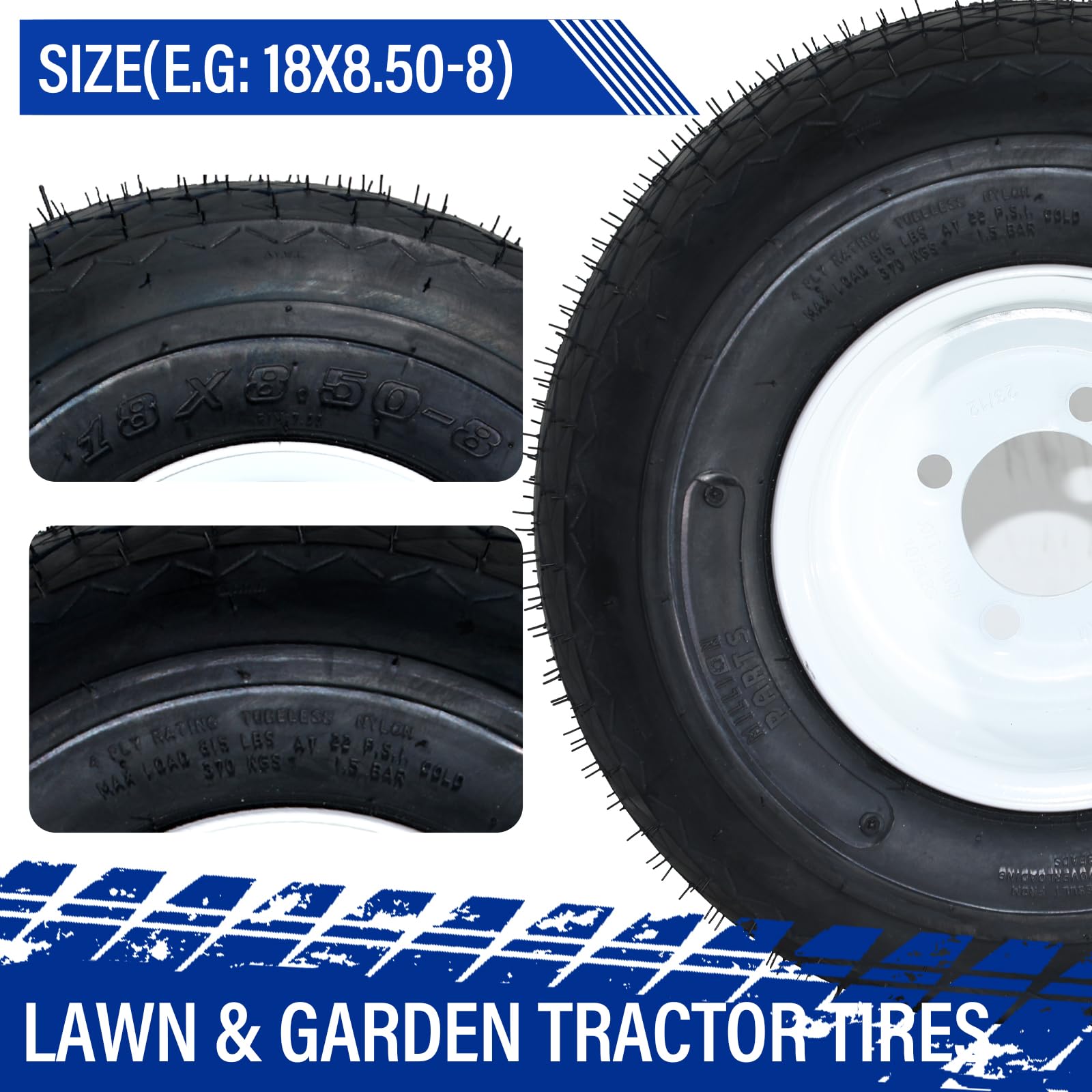 MOTOOS 18x8.50-8 Golf Cart Tires & Rims 18x8.5x8 Lawn Mower Tires 4 Ply Load Range B 4 Lug 4'' Center, 2.83'' Center Bore,White