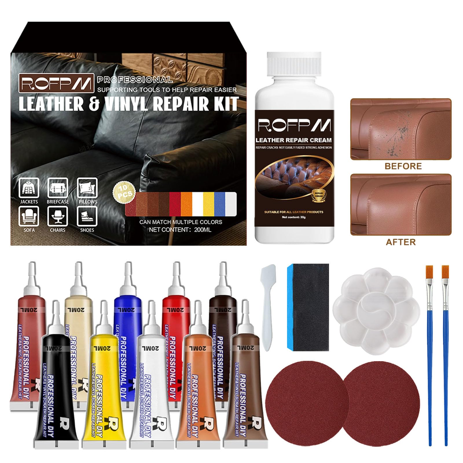 ROFPM Leather Repair Kit, Vinyl Reapir Kit for Furniture, Couch, Sofa, Jacket, Car Seats, Purse, Chair, Car Interiors and Handba