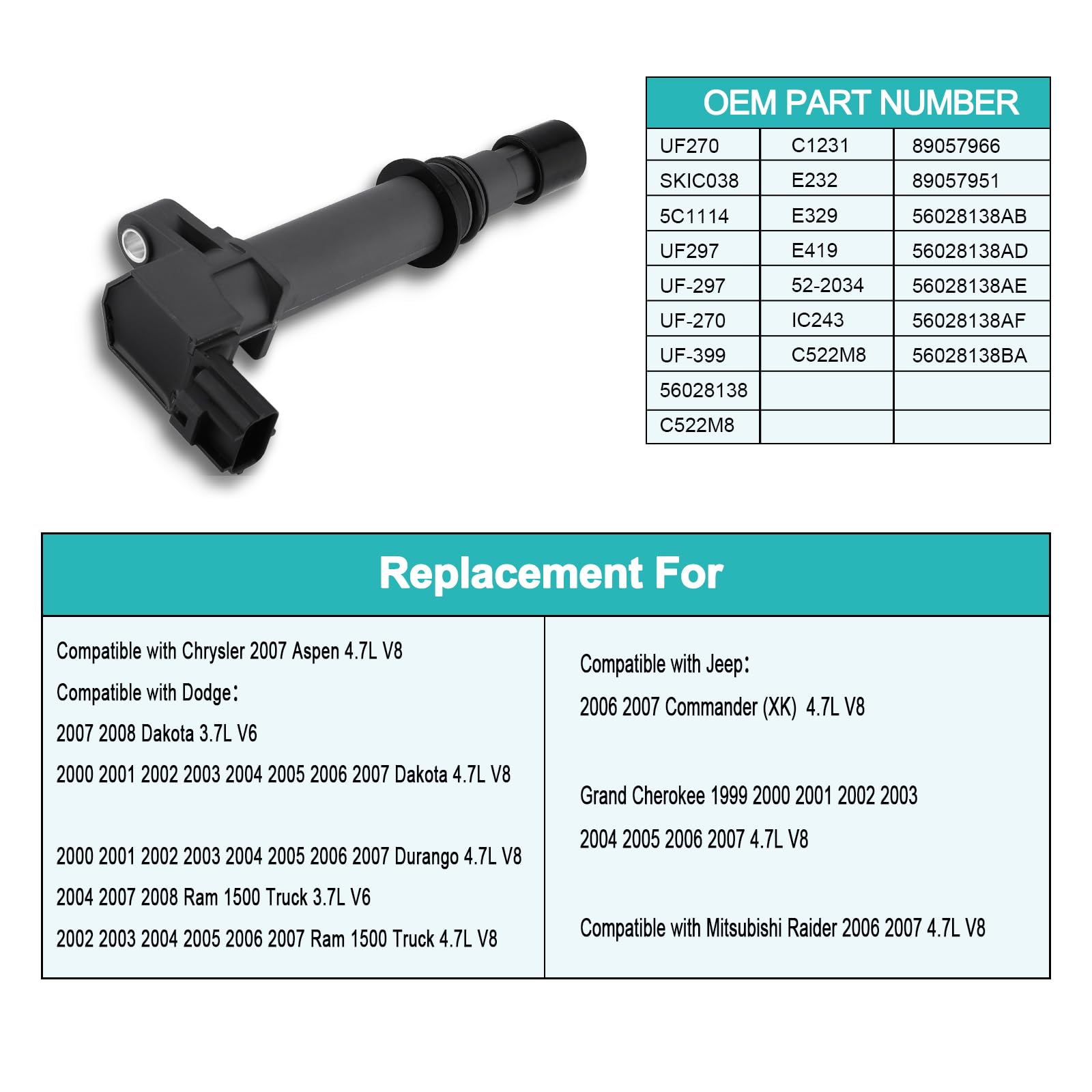 Aulink Uf270 Set Of 8 Ignition Coil Pack 3.7L 3.9L 4.7L For Jeep Commander Grand Cherokee Liberty,For Dodge Ram 1500 Dakota Dura
