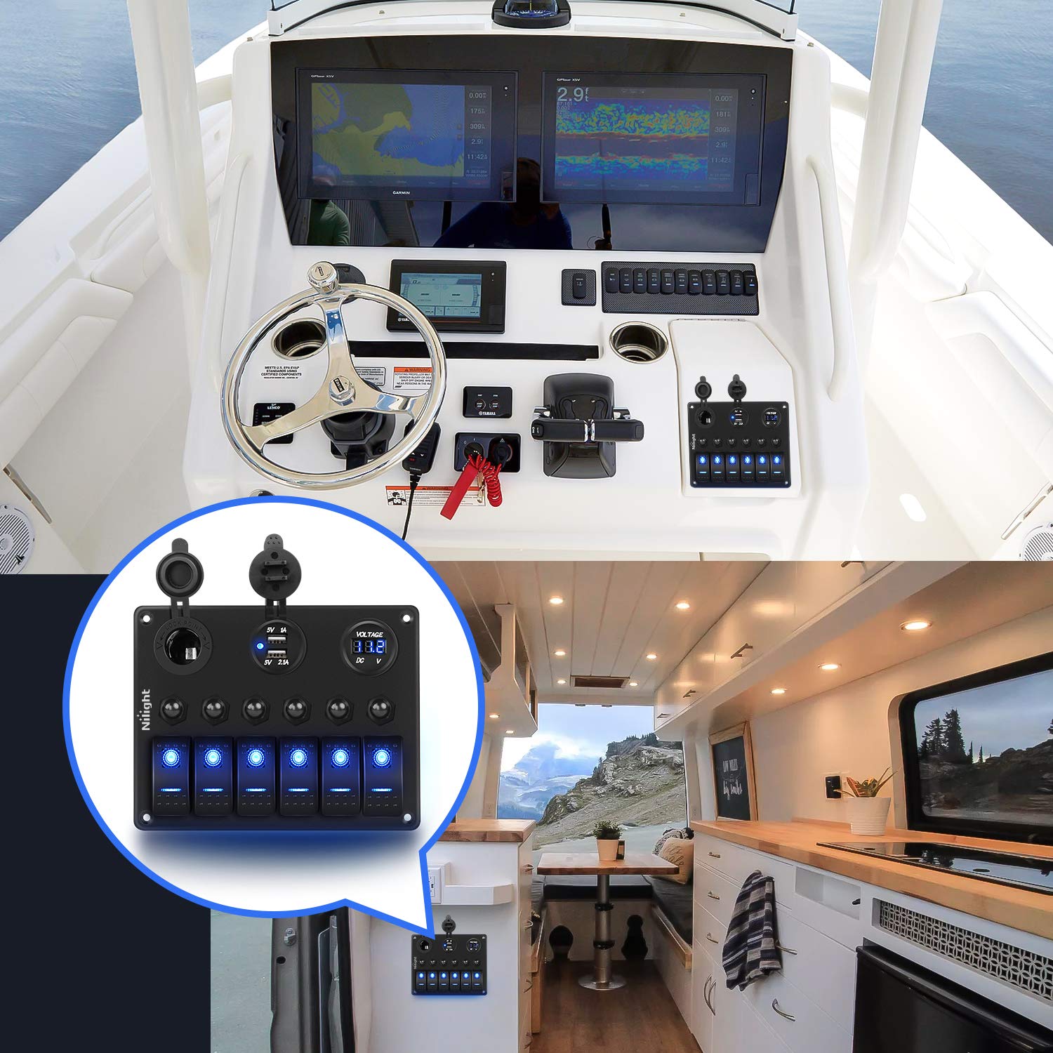 Nilight 6 Gang On Off Rocker Switch Panel 12V Voltmeter Dual Usb Charger Cigarette Lighter Socket For Rv Truck Boat , 2 Years Wa