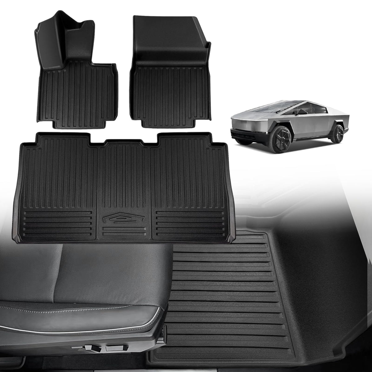 Triplealiners Floor Mats Compatible With Tesla Cybertruck 2023 2024 2025 Accessories All Weather 3D Custom Fit Black Tpe Floor L