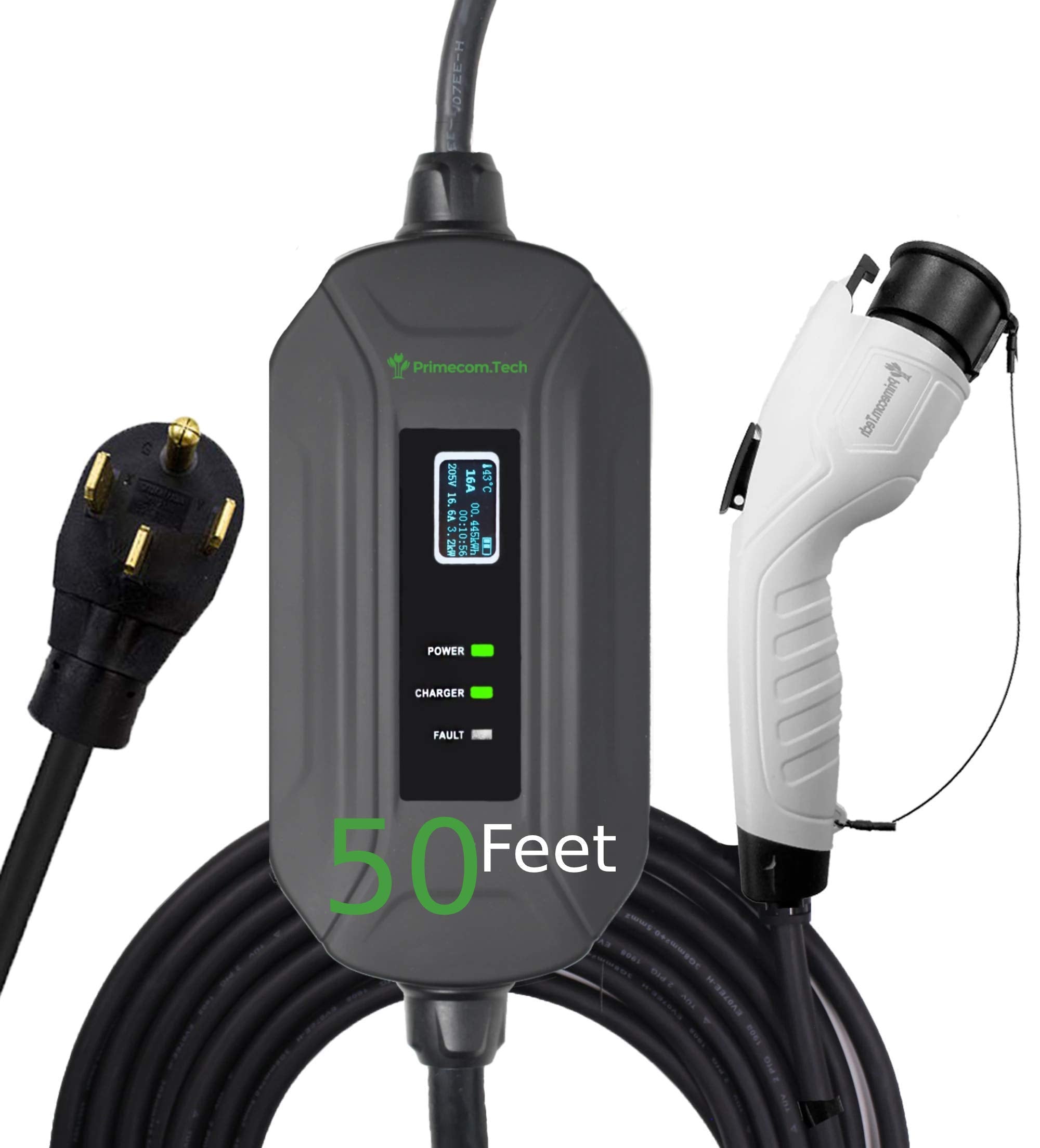 Primecom Level 2 Electric Vehicle (Ev) Charger (220V / 240Volt, 16Amp) Portable Evse Smart Electric Car Charger, 30', 40', And 50 Feet Lengths (Nema 14-50P, 50 Feet)