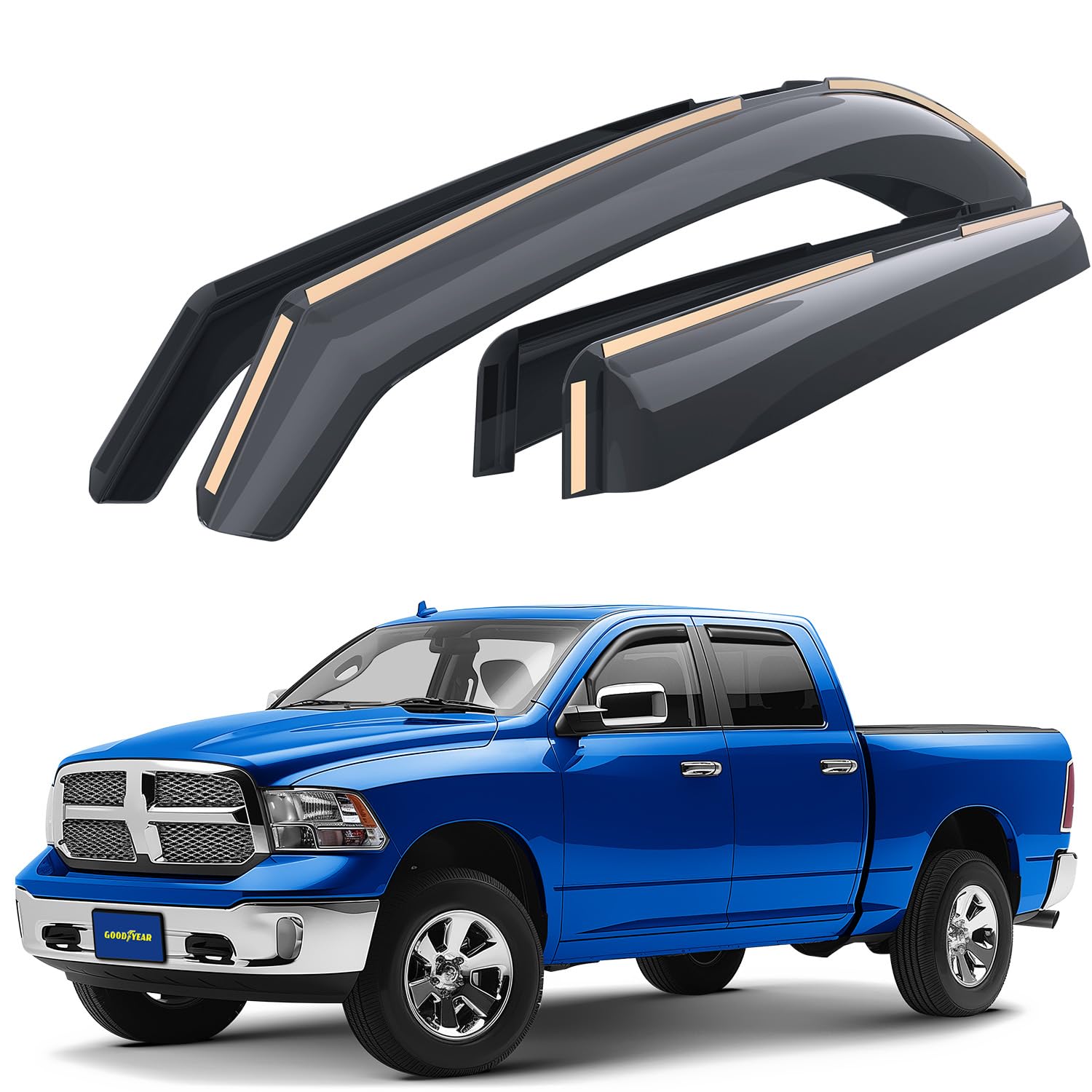 Goodyear Shatterproof In-Channel Window Deflectors For Trucks Dodge Ram 2009-2018 Crew Cab 1500 2500 3500, Rain Guards, Window V