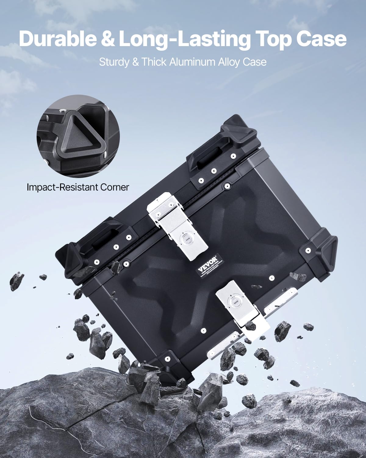 VEVOR Motorcycle Top Case 45L, Universal Aluminum Alloy Motorbike Tail Box with Leather Lining, 45L Waterproof Detachable Motorc