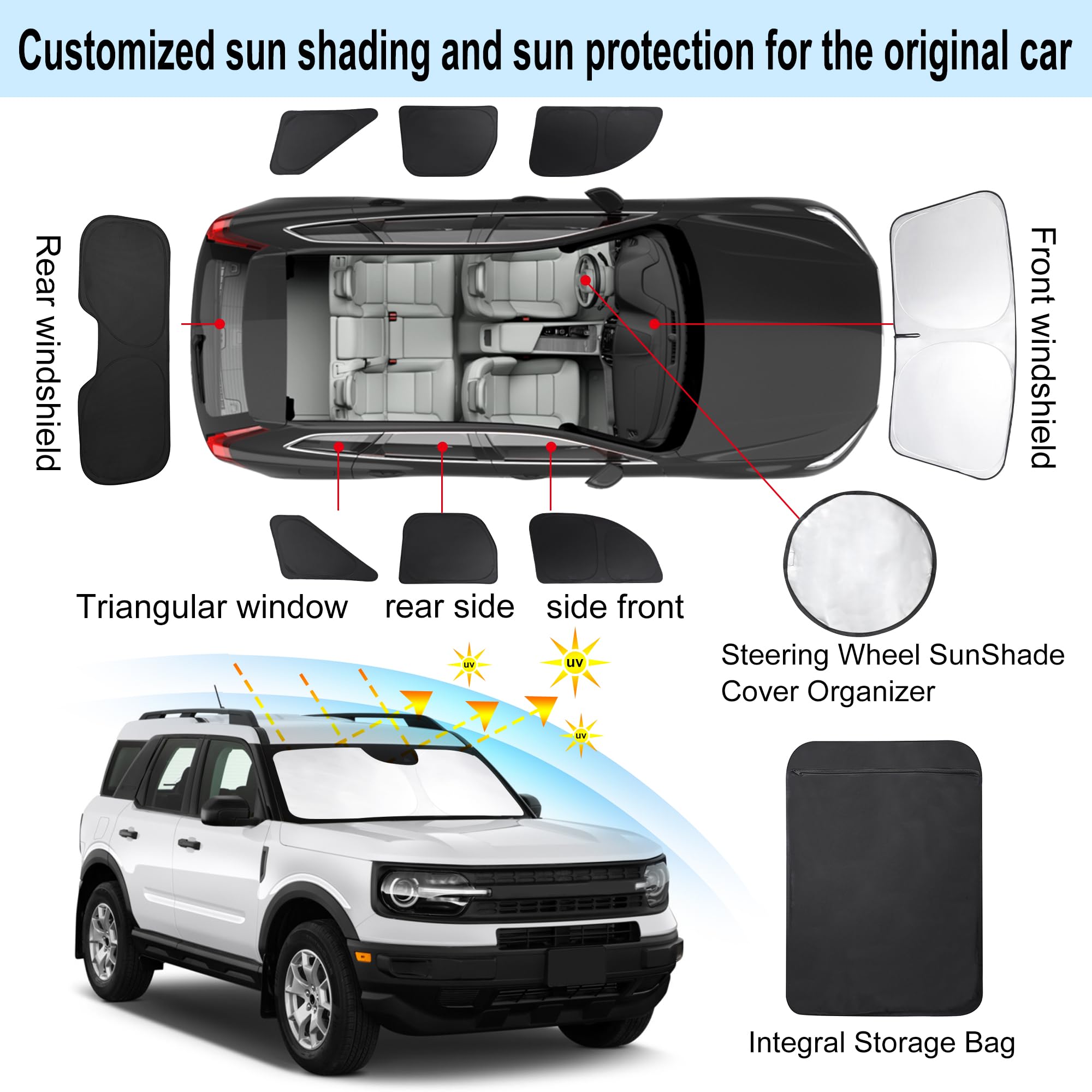 Tinglu Window Shades For Ford Bronco Sport 2021-2024 2025 Accessorie Car Side Full Windows Rear Triangular Windshield Sun Shade