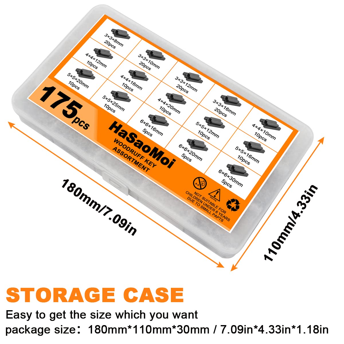 Hasaomoi 175Pcs Woodruff Key Stock Assortment, 8Mm-30Mm Stainless Steel Round Ended Feather Key With 15 Size, Parallel Drive Sha