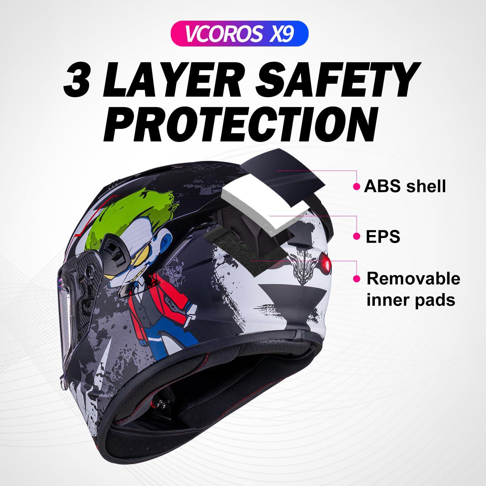 VCOROS X9 Full Face Motorcycle Helmet - DOT Approved, Medium, Alien Color, ABS, with Inner Sun Visor & Bluetooth Speaker Pockets
