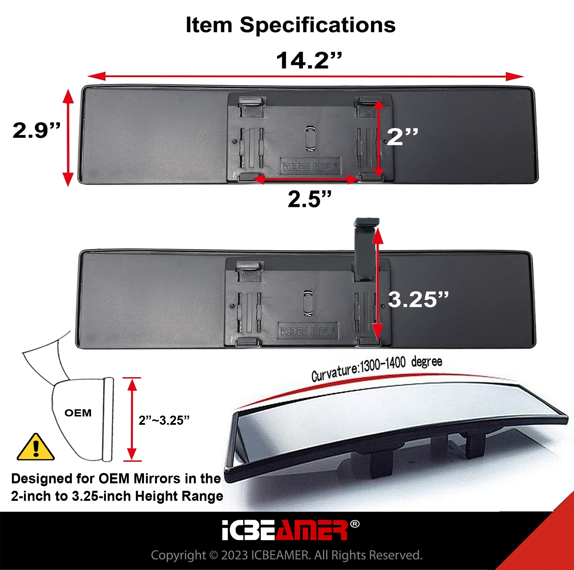 Icbeamer 14.2'' Car Rear View Mirror, Clear Convex Surface, 360Mm Panoramic Wide Angle Blindspot Mirror For Car Accessories,Rubb