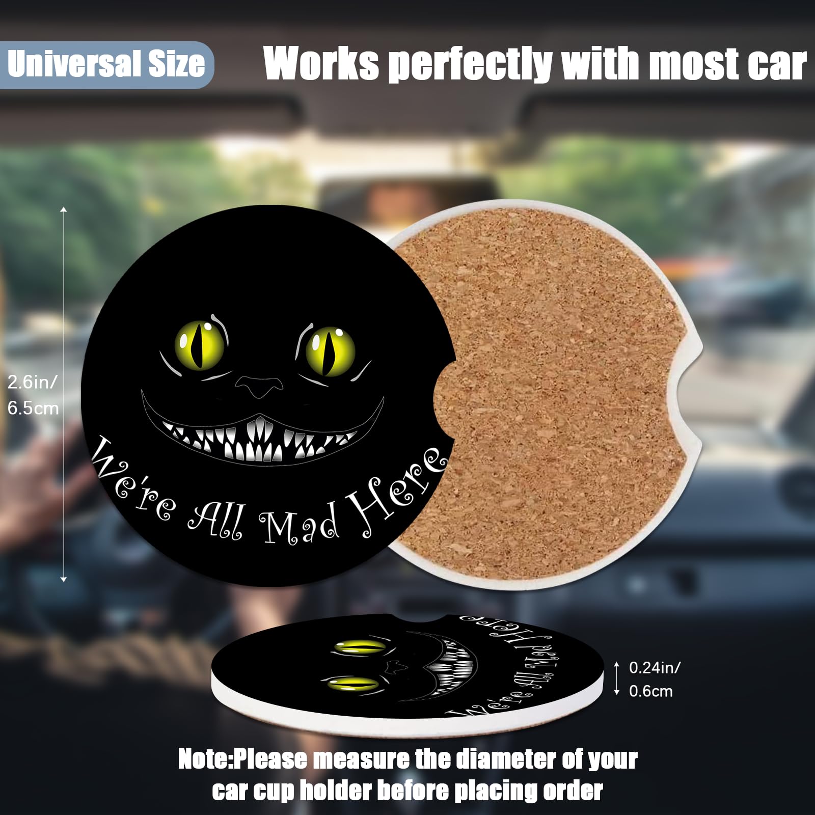 Car Cup Holder Coaster - Funny Black Cat Absorbent Ceramic Coaster, Car Coasters for Cup Holders, Auto Accessories for Women & M