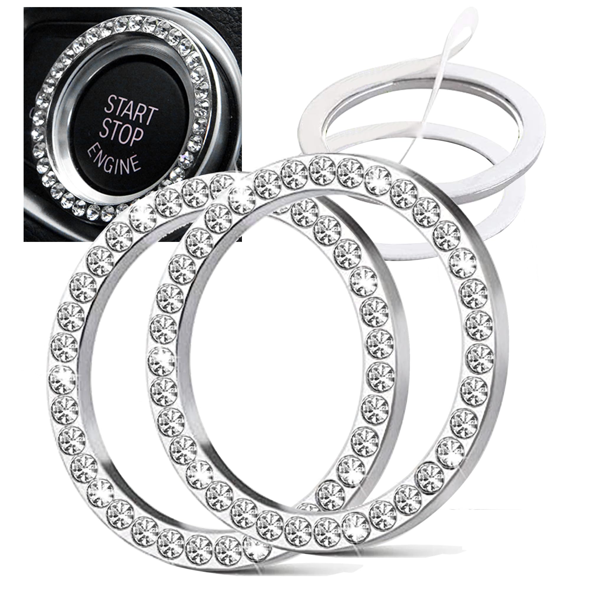 Orrdice 2 Pcs Crystal Rhinestone Ring for Car Decor, Bling Decor Car Emblem Sticker, Push to Start Button,Key Ignition Starter, 