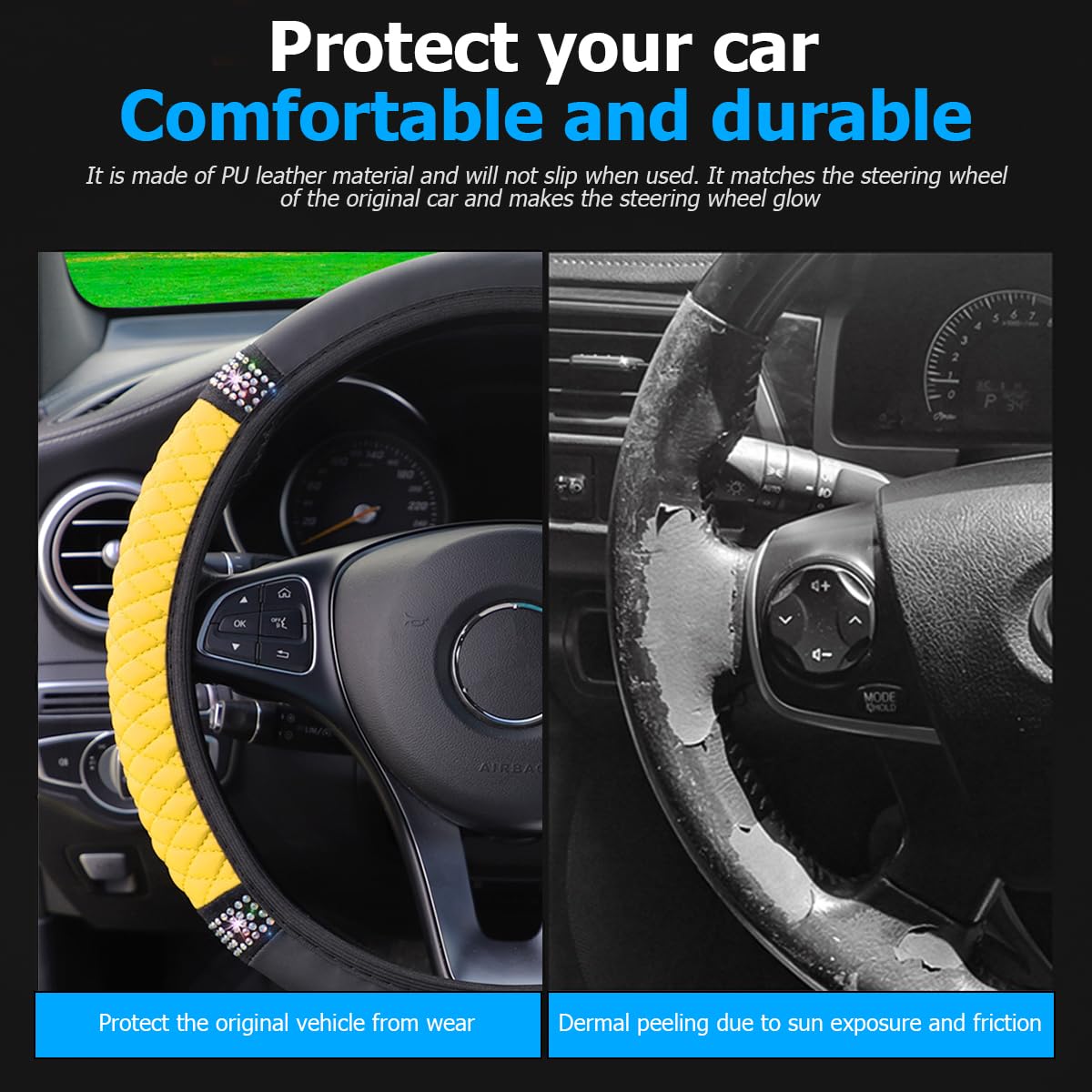 Osilly Bling Car Steering Wheel Cover, 15 Inch Rhinestones Soft Leather Elastic Steering Wheel Protector, Sparkly Crystal Diamon