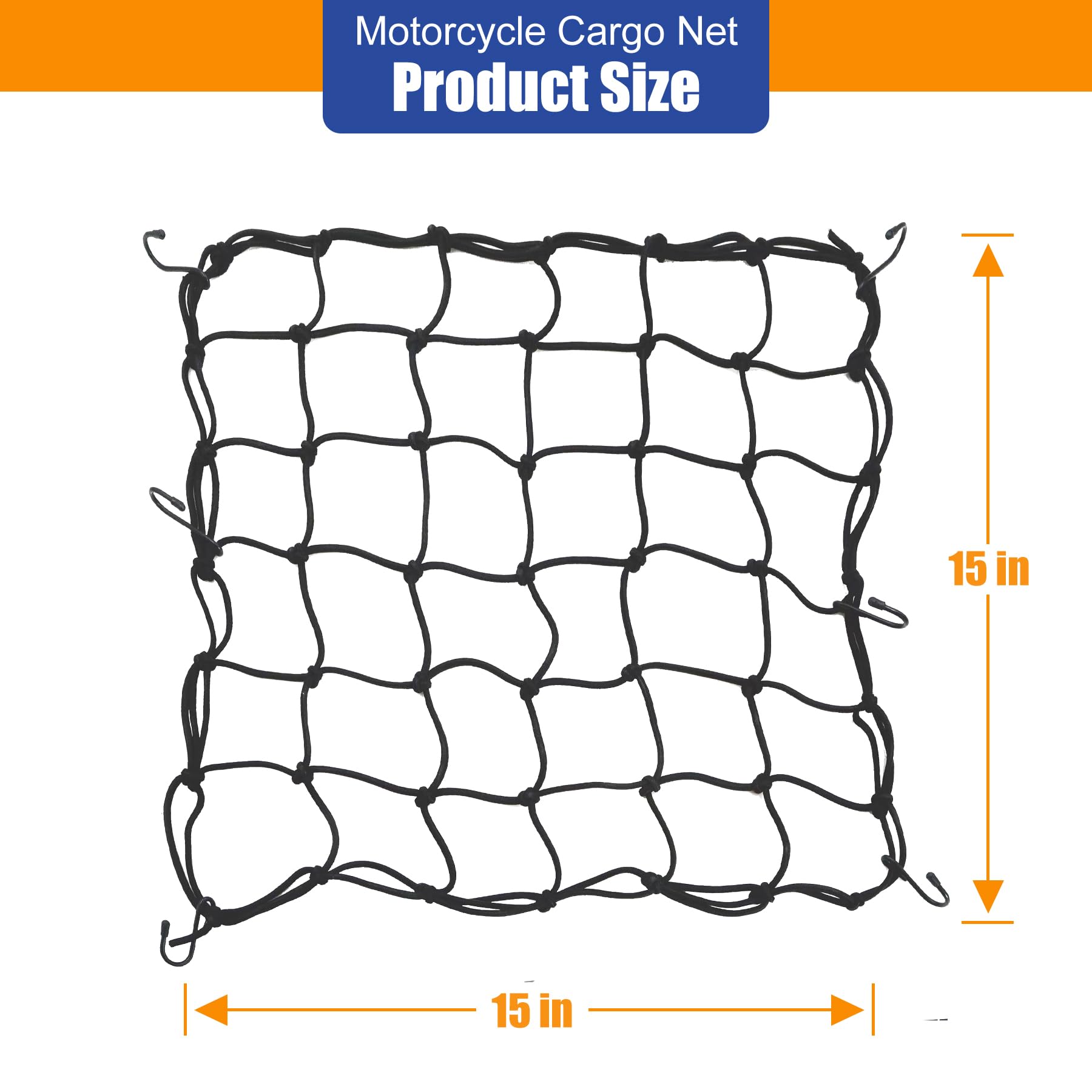 Amiss 15'X15' Elastic Motorcycle Cargo Net, Heavy Duty Bungee Net With 6 Adjustable Plastic Hooks, Luggage Thicken Netting With 2'X2' Small Mesh, Fit For Trailer, Suv, Motorcycle, Atv, Bike - Black