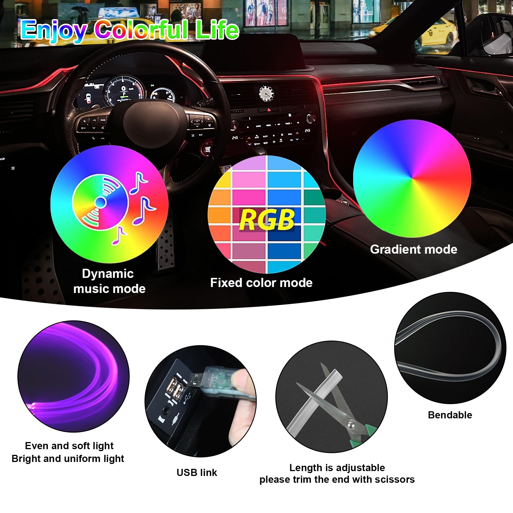 Livtee Smart Led Car Lights Interior With Usb Port, Led Strip Fiber Optic Ambient Lighting Car, Wireless App Control, Sync To Mu