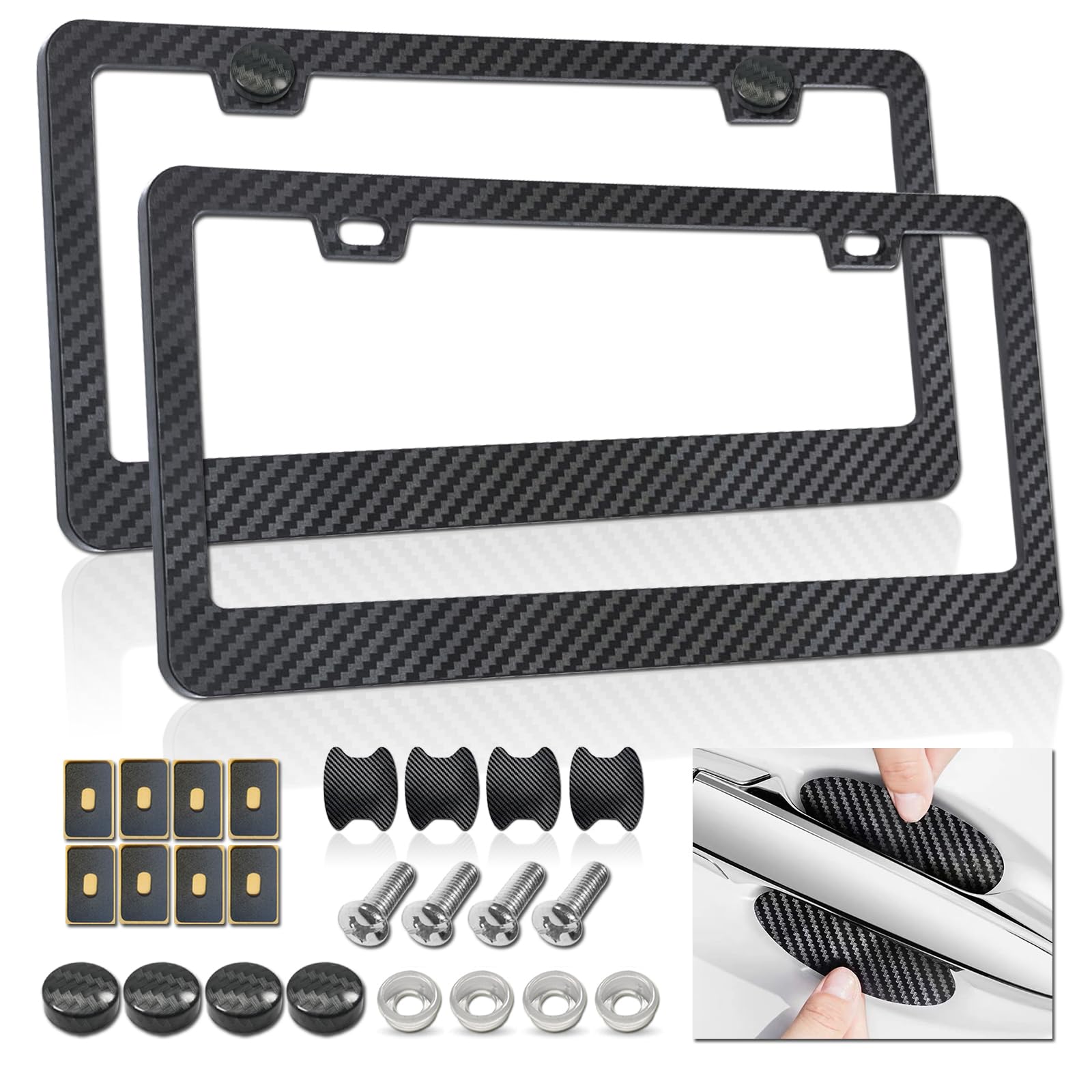 FBJTDQ Carbon Fiber License Plate Frames - Black Plastic Car Tag Holder Cover Printed Carbon Pattern with Screws Caps Handlebar 