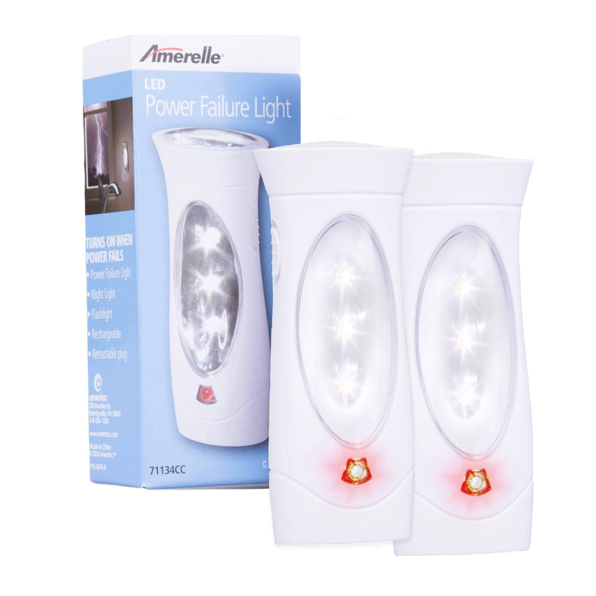 Amerelle Led Emergency Lights For Home Power Failure, 2 Pack - Triple Function Power Failure Light And Plug In Flashlight Combo,
