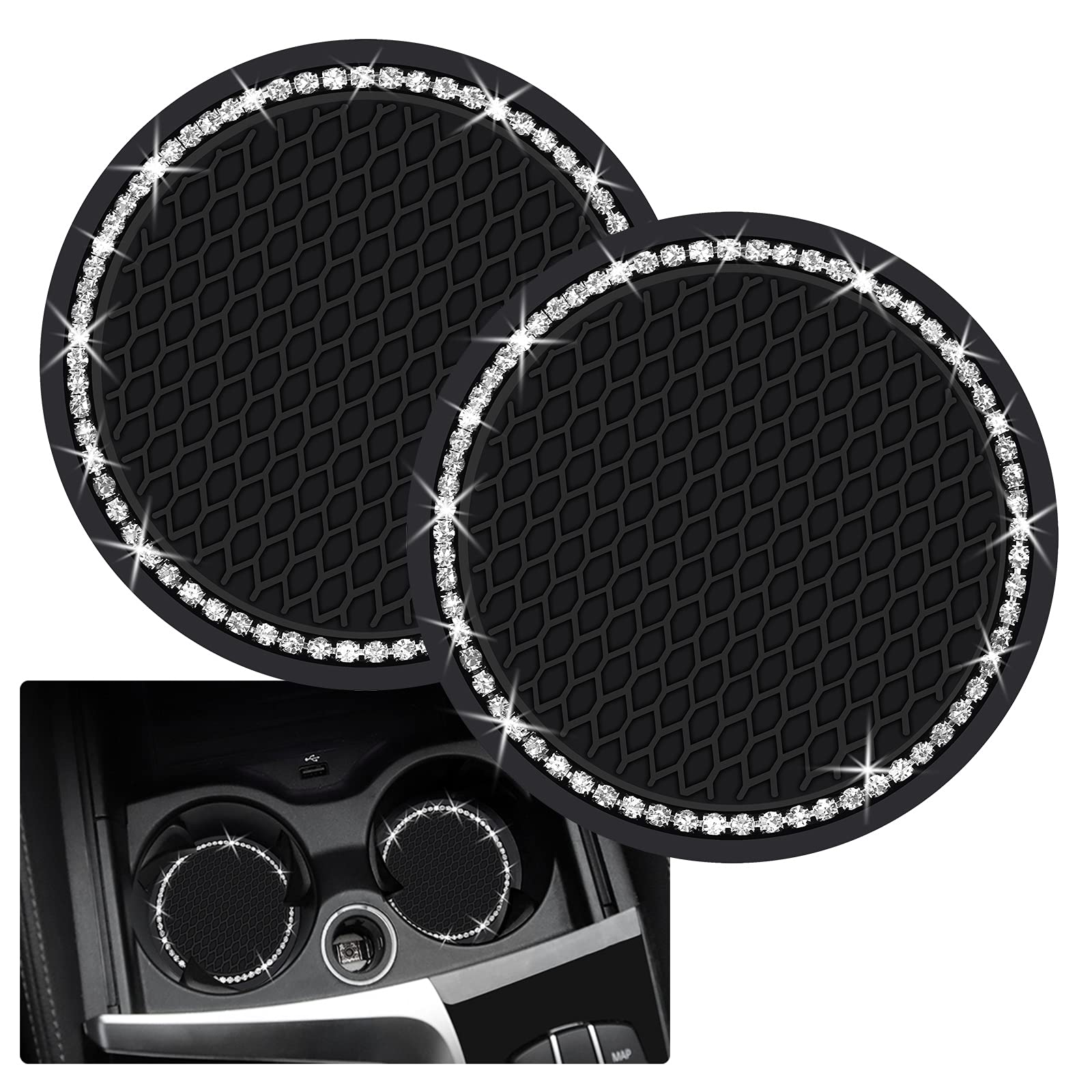 2Pcs Bling Car Cup Coaster, 2.75 Inch Auto Car Cup Holder Insert Coasters Silicone Anti-Slip Crystal Rhinestone Drink Car Cup Mat, Universal Vehicle Interior Accessories For Women Girls (Black)