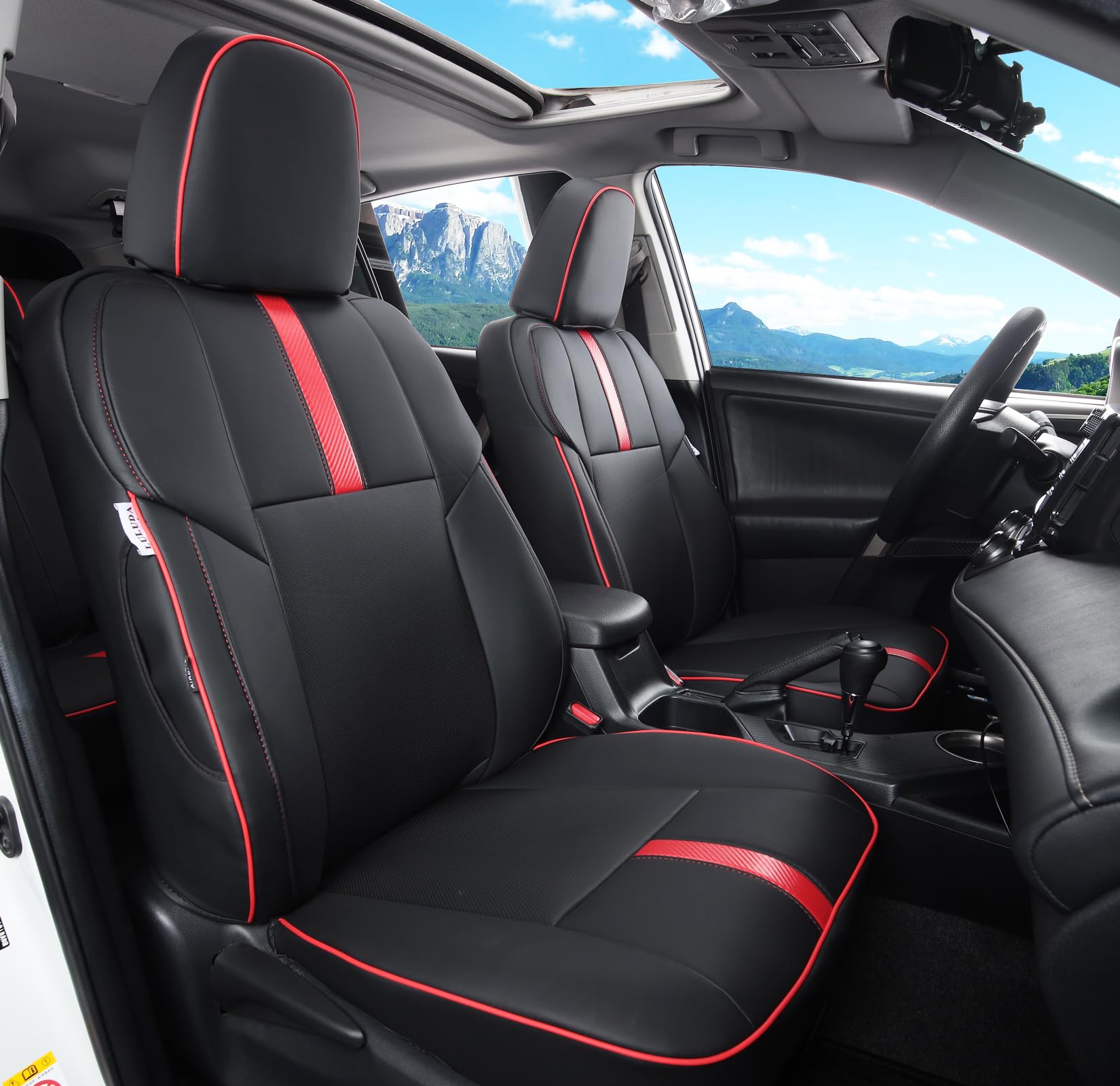 Luluda Custom Fit Car Seat Cover For Toyota Rav4 2013 2014 2015 2016 2017 2018 Waterproof Faux Leather (Black With Red Trim, Lu2