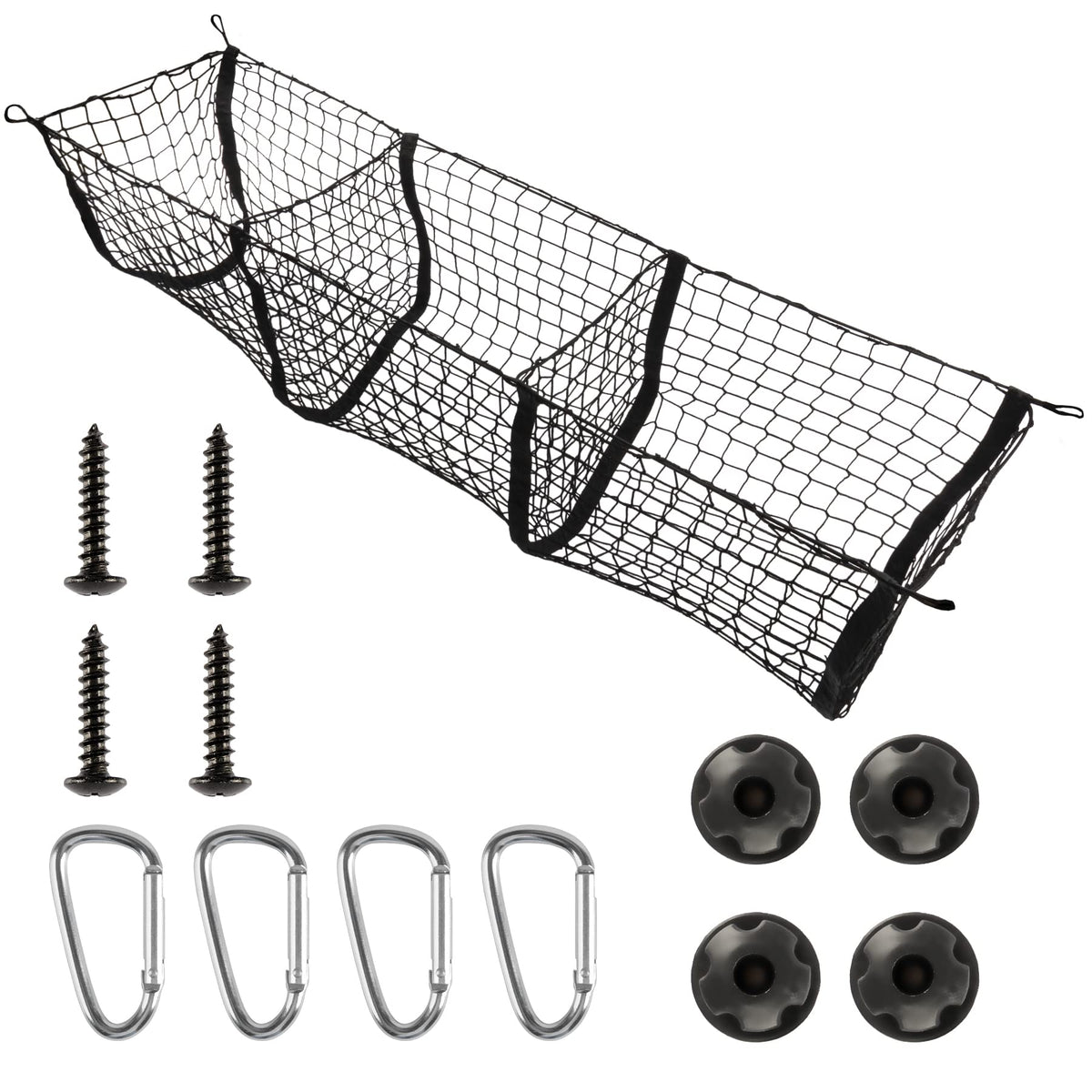Amiss Heavy Duty Mesh Cargo Net, 3 Pocket Trunk Bed Storage Organizer Compatible For Suv, Car, Pickup Truck Bed, Etc.With 4 Meta