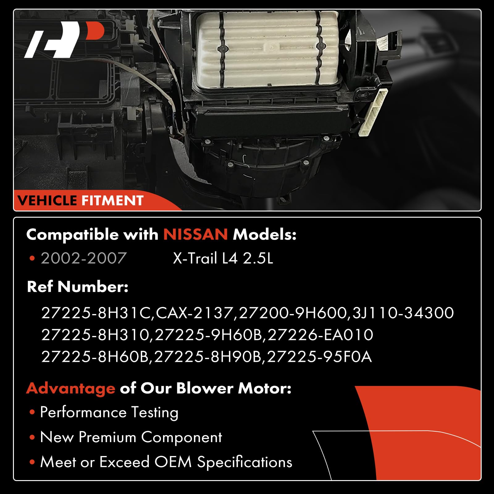 A-Premium HVAC Heater Blower Motor Assembly Compatible with Nissan Vehicles - X-Trail 2002 2003 2004 2005 2006 2007, L4 2.5L, Sport Utility - Front Side, Replace# 27225-8H31C, 27200-9H600