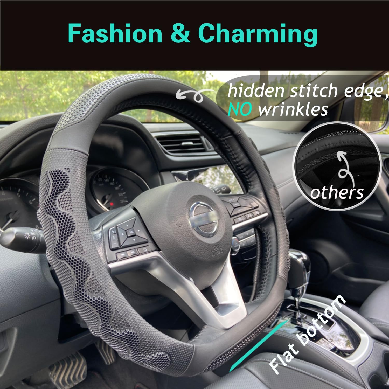 Pinctrot D Shaped 14 Inch Small Sized Steering Wheel Cover Great Grip With 3D Honeycomb Anti-Slip Design, Flat Bottom 14 Inch (A