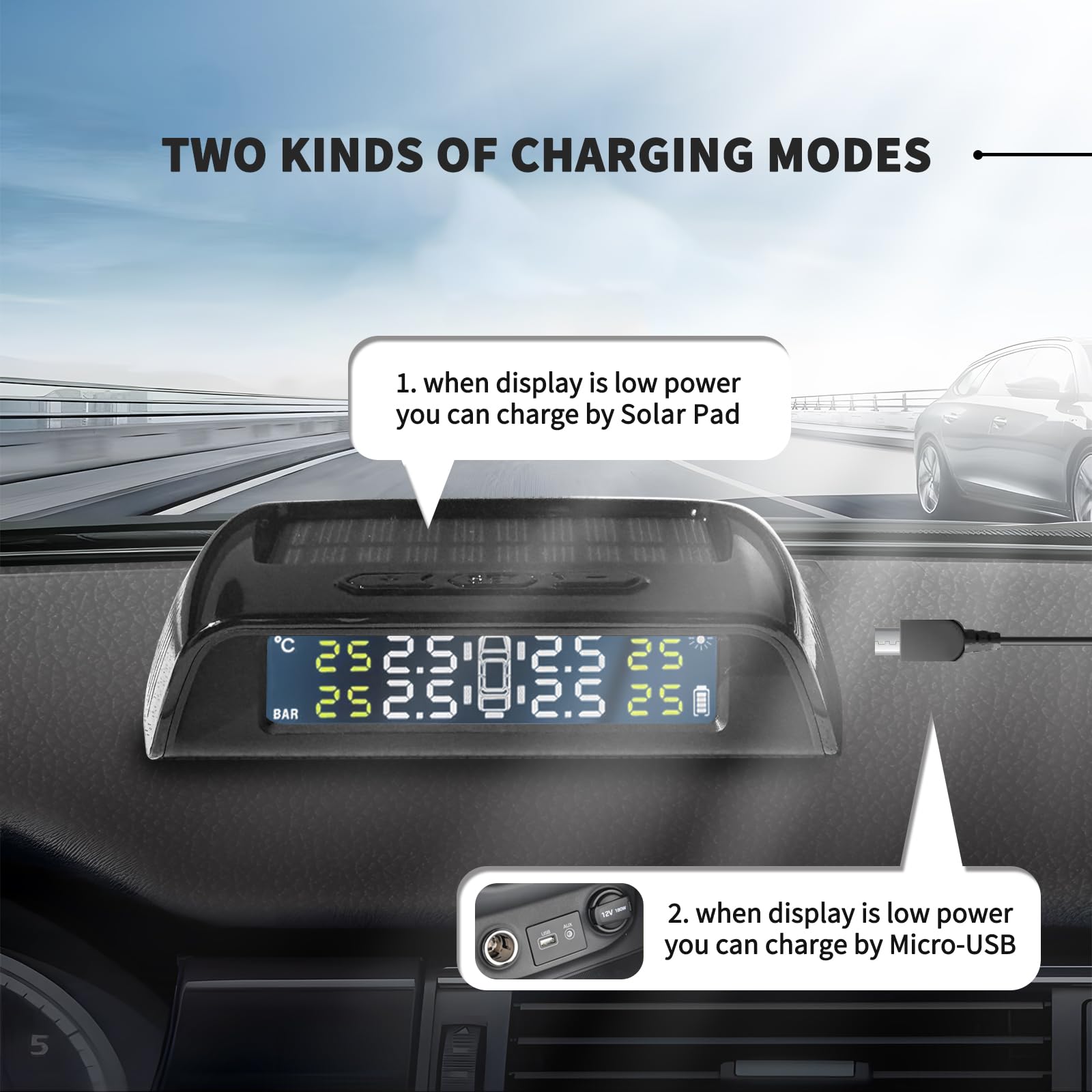 Cozy Blue Solar Powered TPMS Tire Pressure Monitoring System - TPMS for Car and SUV, Include 4 Sensors, Real-Time Pressure and T