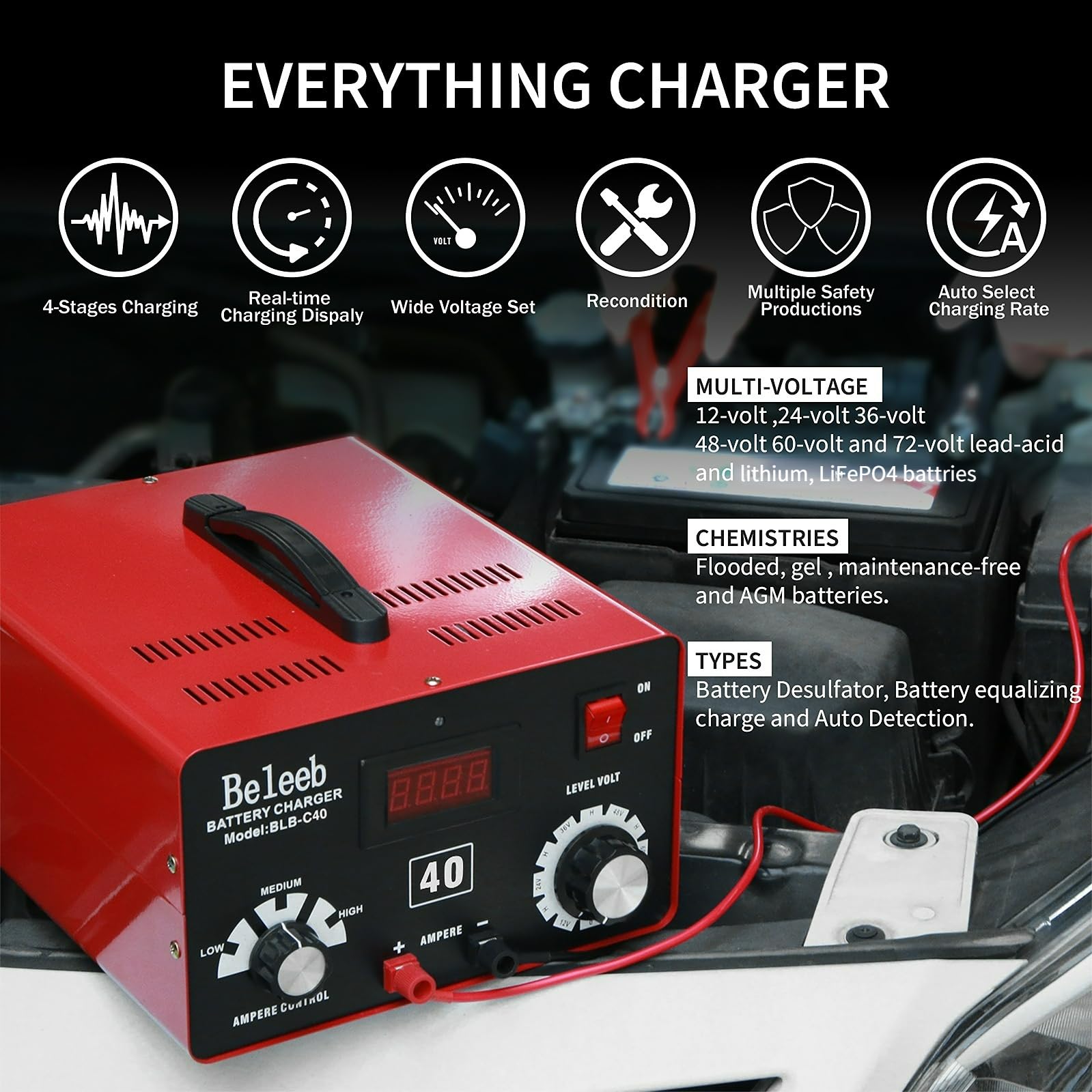 Beleeb C40 Adjustable 16A Battery Charger 12V-72V, Smart Desulfator for Lead-Acid & LiFePO4 Batteries, Red & Black