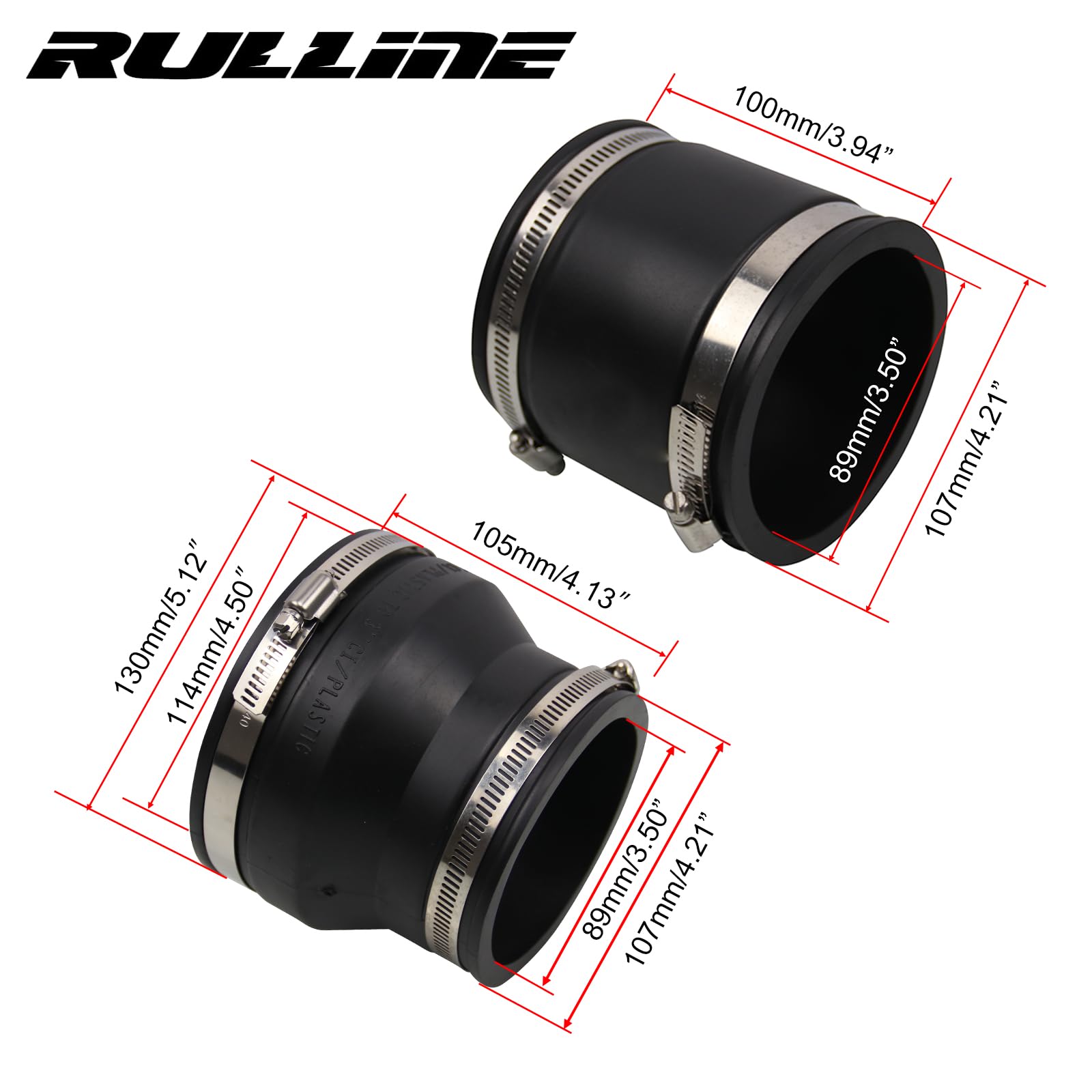 Rulline 4'' to 3'' & 3'' to 3'' Black PVC Reducer & Coupler with 4 Clamps - RV Plumbing Fittings Adapter