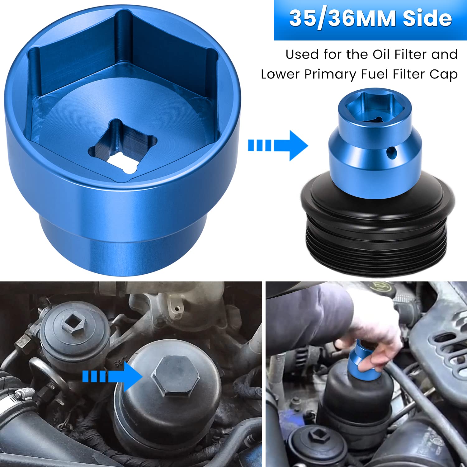 Fuel Filter/Oil Filter Socket 24Mm / 36Mm Reversible Fuel Filter Cap Remover And Installer Assistant For 2003-2010 6.0L / 6.4L F