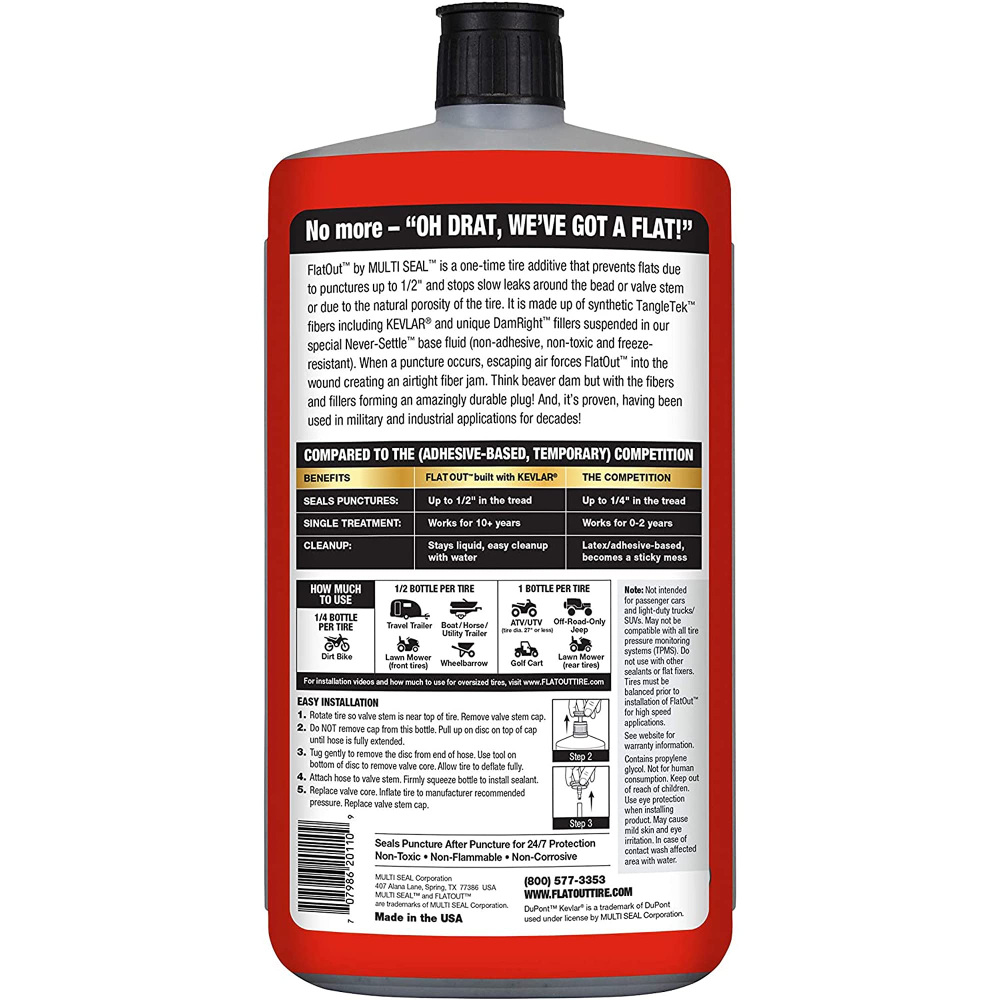 Flatout Tire Sealant Outdoor Power Equipment Formula - Prevent Flat Tires, Seal Leaks, Contains Kevlar, 32-Ounce Bottle, 4-Pack