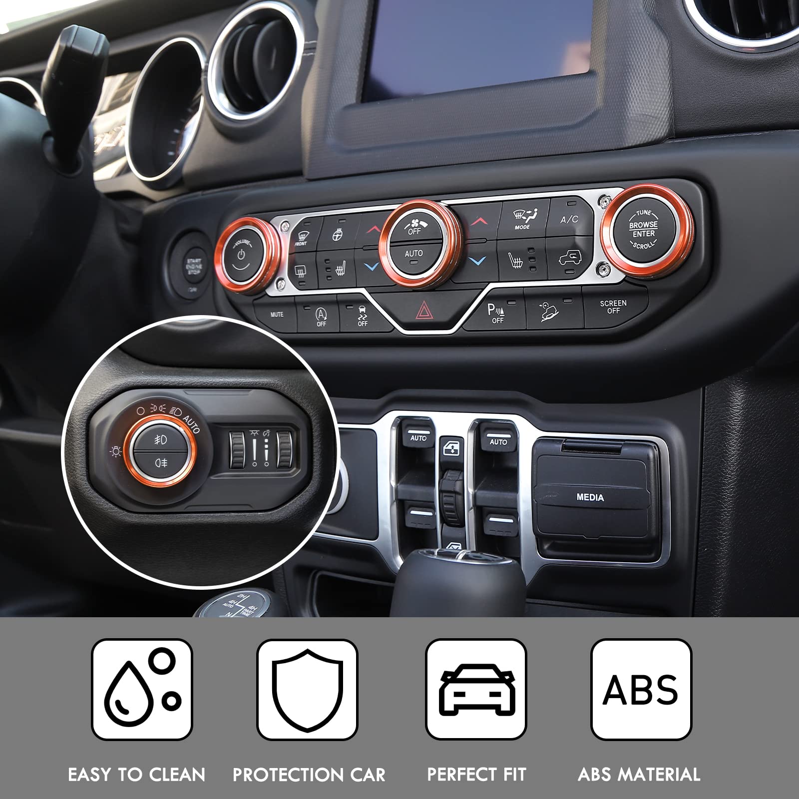 Voodonala Air Conditioner Headlight Switch Knob Trim For 2018-2024 Jeep Wrangler Jl Jlu Gladiator Jt,Thin Orange Aluminum Alloy