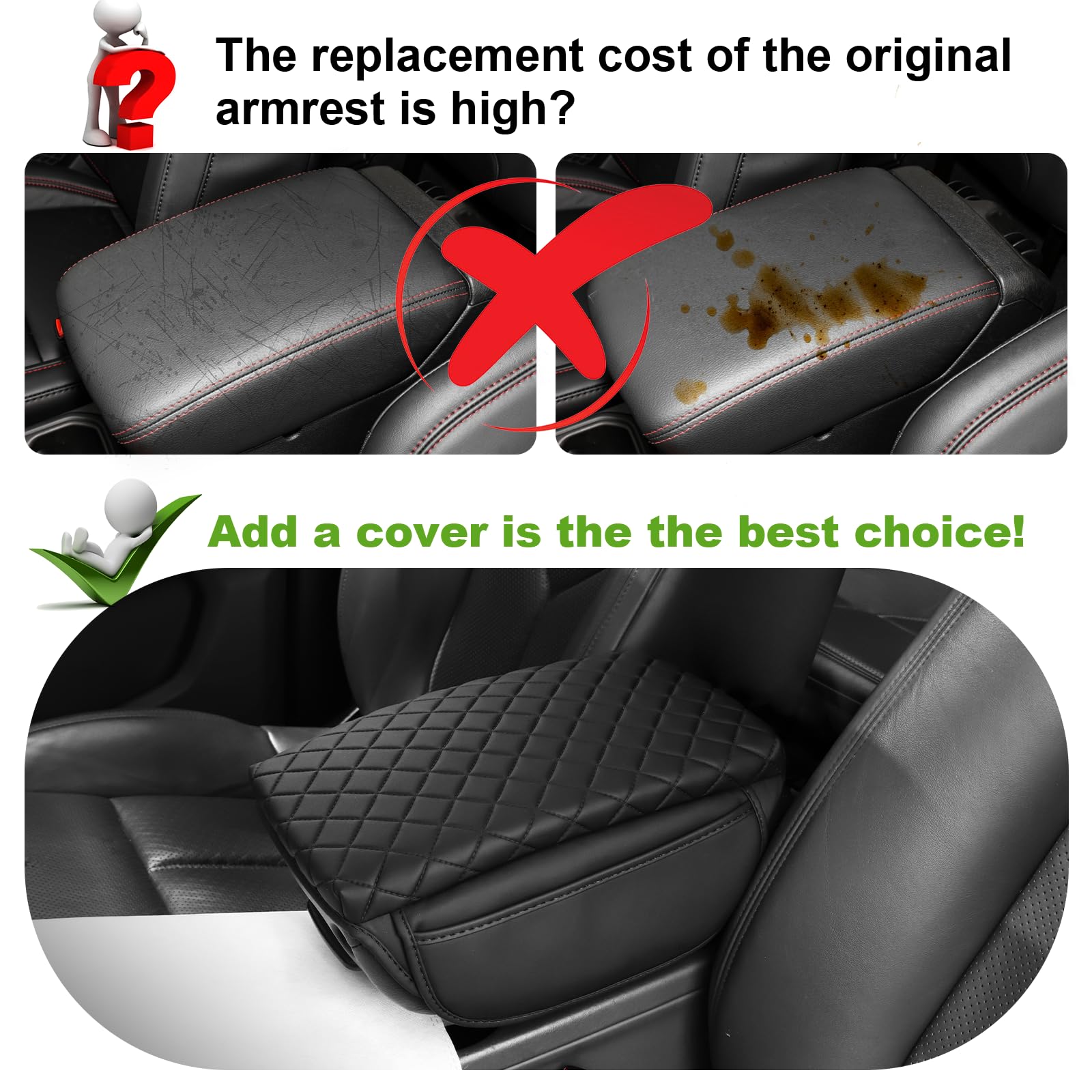 Armrest Cover for Jeep Wrangler Center Console Pad with Organizer Storage Pockets, Black Faux Leather Arm Rest Lid Protector Cus