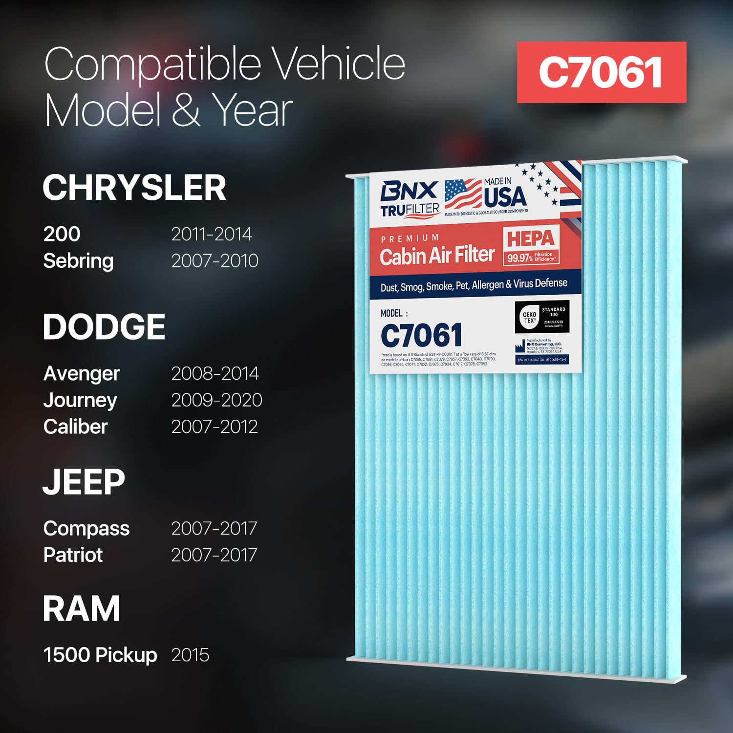 Bnx Trufilter C7061 Cabin Air Filter, Hepa 99.97%, Made In Usa, Compatible With Nissan: Sentra, Rogue