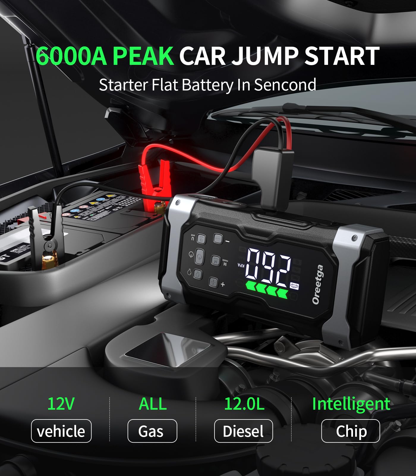 Upgraded 6000A Car Battery Jump Starter with Air Inflator/Deflator Compressor, 9 in 1 Portable Jumper Box Power Pack (All Gas/12