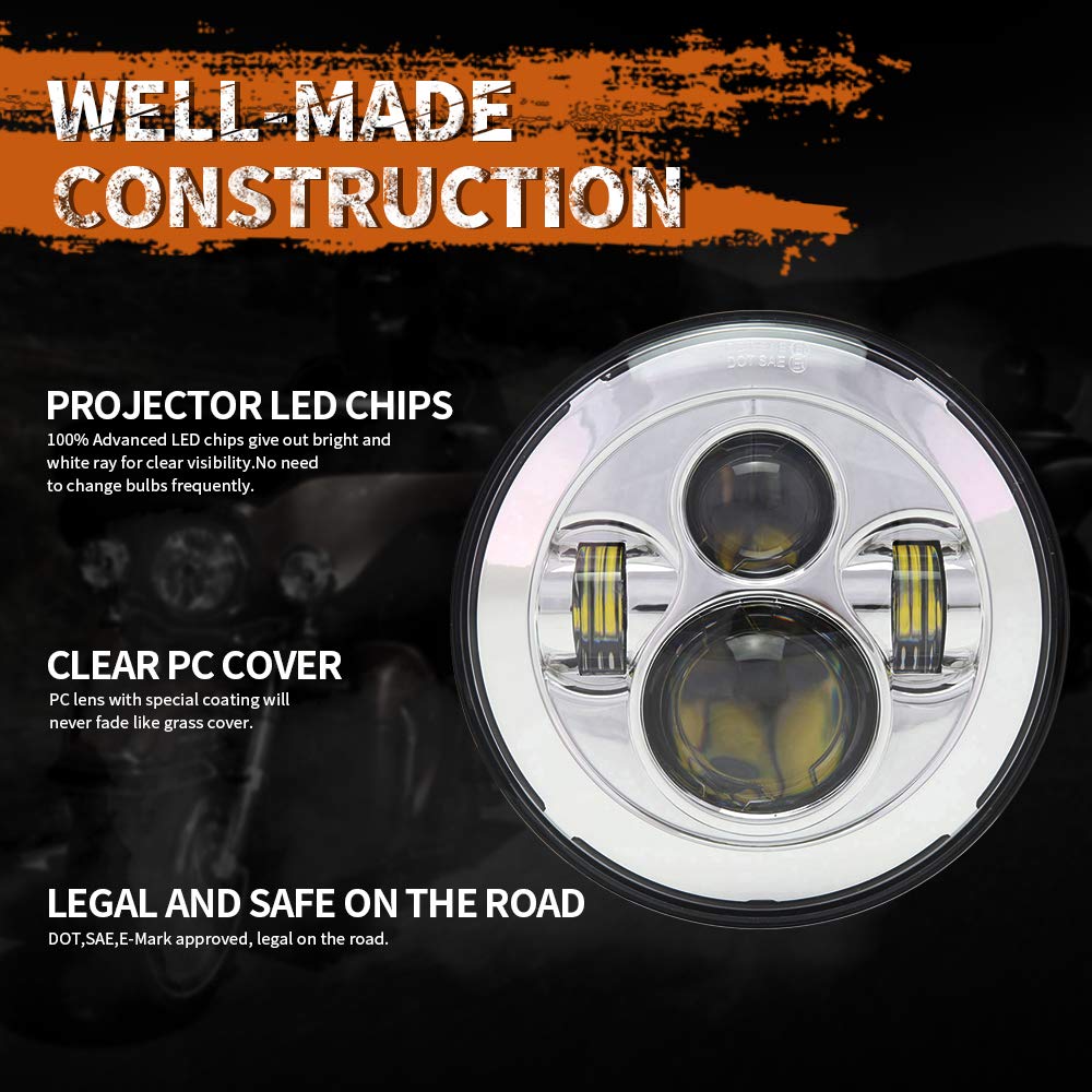 Bicyaco Dot 7 Inch Motorcycle Led Headlight Headlamp Compatible With Harley Davidson Electra Glide Street Glide Fat Boy Road King Heritage Softail Switchback Chrome