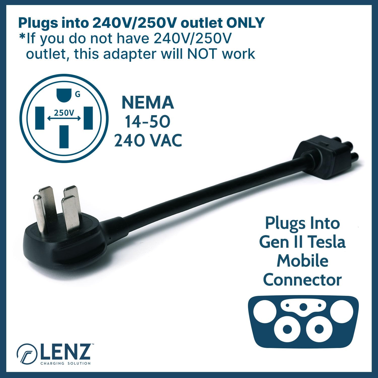 Lenz Nema 14-50 Adapter Exclusively For Tesla Gen 2 And 3 Mobile Charger For Connecting Tesla Portable Charger Only To 240V 14-5