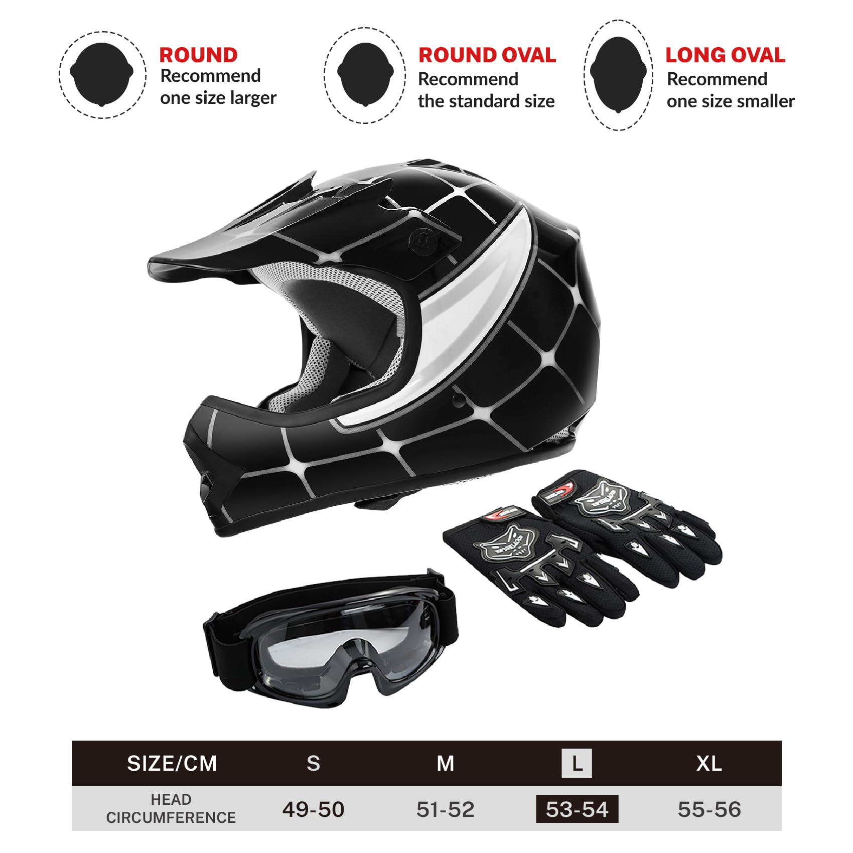 Tct-Motorparts Dot Youth Kids Motocross Atv Helmets Offroad Street Dirt Bike Go-Kart Bmx Mx Full Face Helmet Black Spider Large