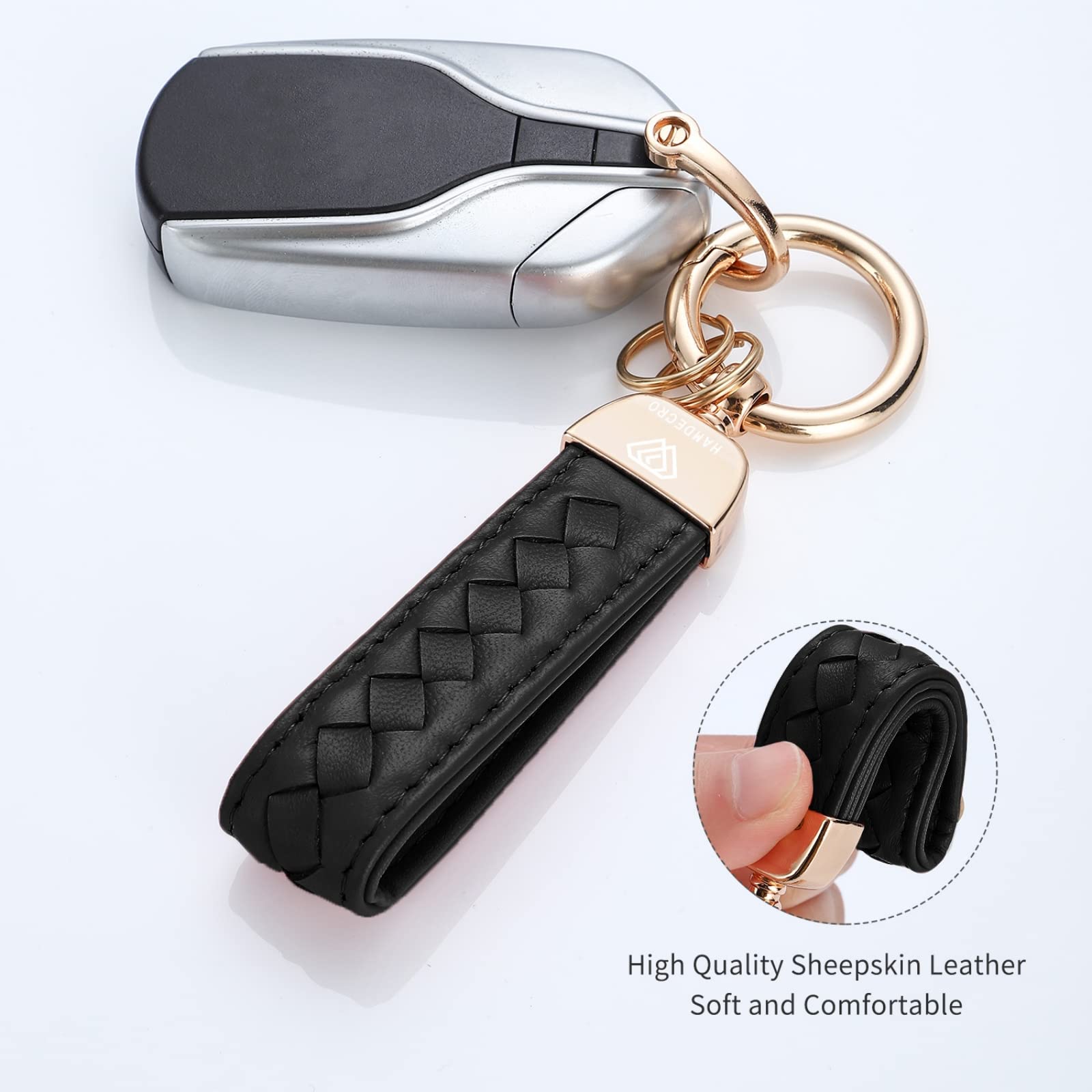 Hamdecro Black Genuine Leather Car Keychain, Handmade Sheepskin Key Fob Holder with 360° Rotatable D-Ring & 2 Keyrings, One Size