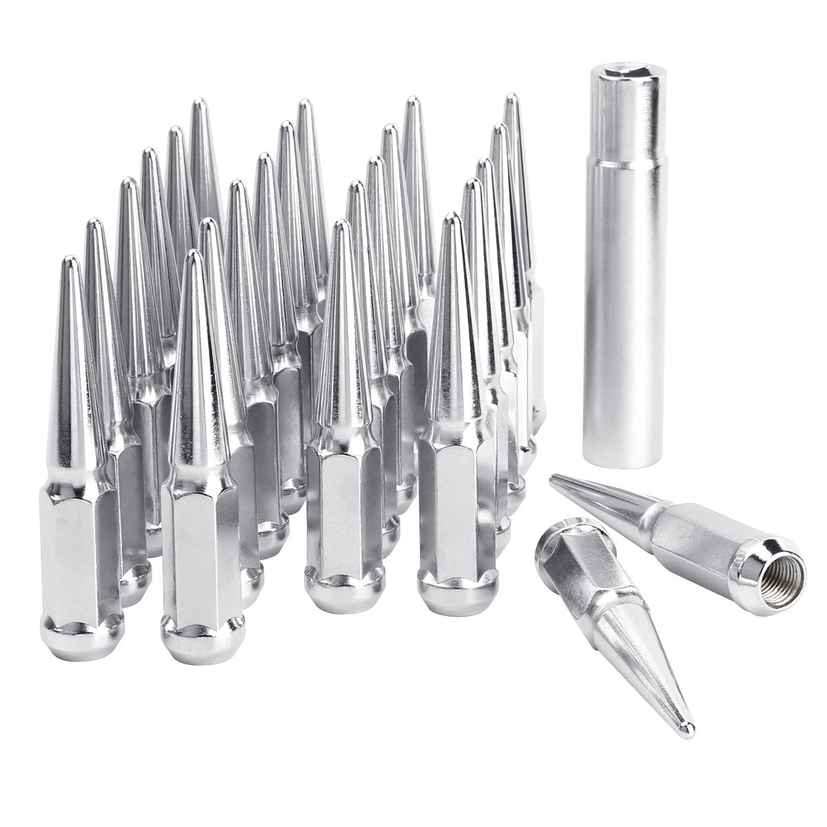 Dynofit 14 Mm X 1.5 Wheel Spike Lug Nuts, 24 X Chrome M14X1.5 Lug Nut, Cone/Conical Bulge Seat, Dynofit Silver Closed End Nuts W