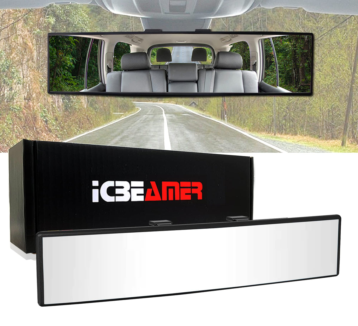 Icbeamer 10.6'' Car Rear View Mirror, Hd Clear Tint, Panoramic Wide Angle Convex Surface, 2 Interior Retractable Rubber Clips, A