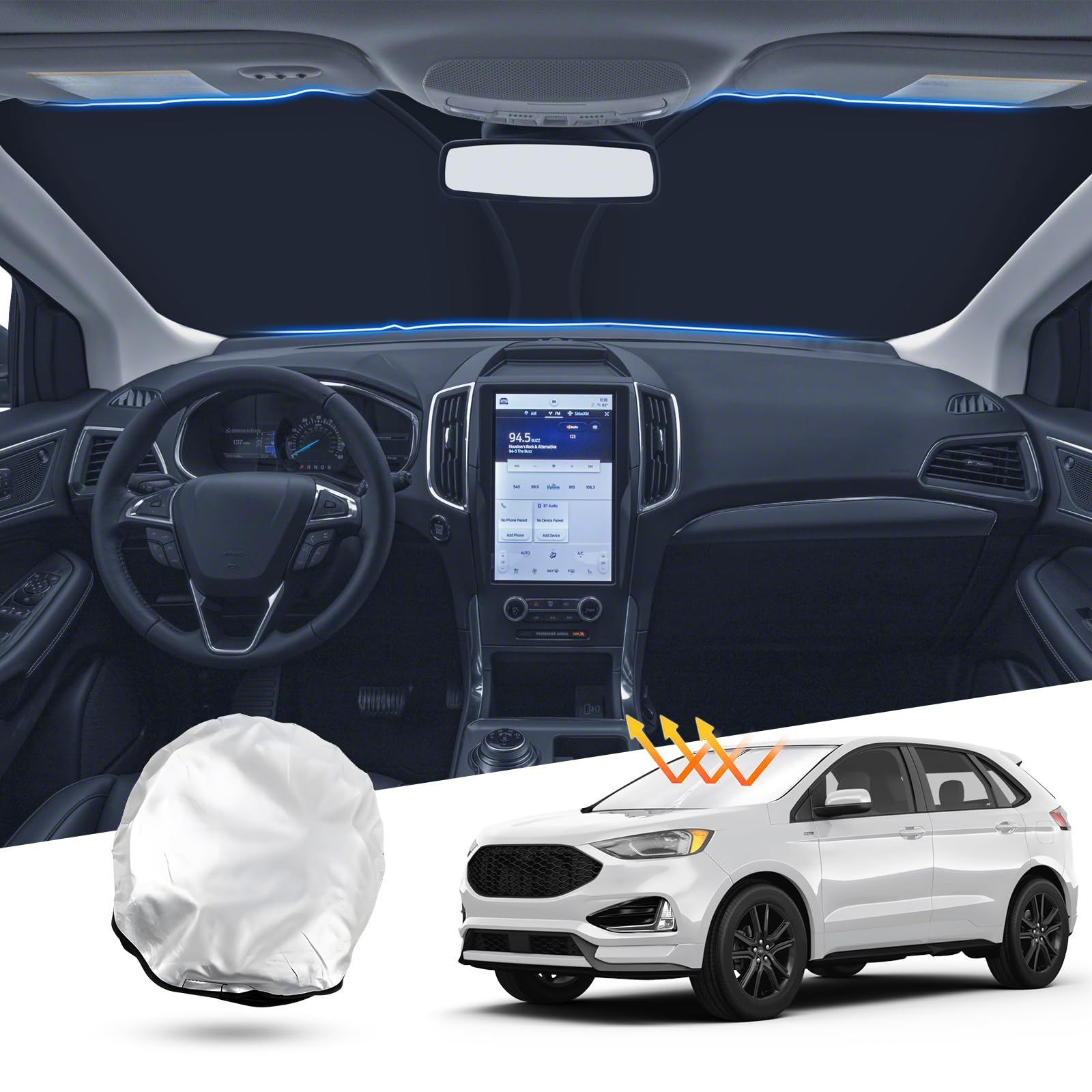 T TGBROS Windshield Sun Shade Custom Fit for 2015-2023 2024 Ford Edge Accessories Foldable Sun Shield Reflective Polyester Sun V