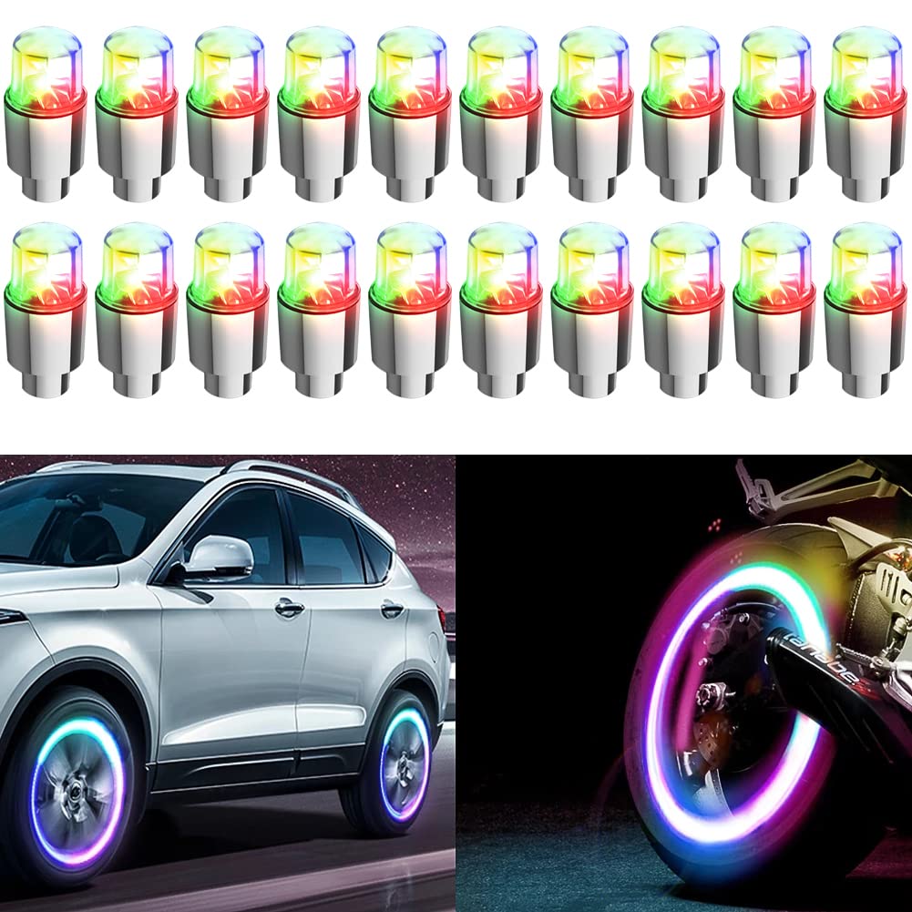 Jhmuern 20Pcs Car Tire Valve Light, Bike Led Wheel Lights, Waterproof Led Flashing Light, Tire Valve Caps Lamp For Car Bike Motorcycle (Colorful)