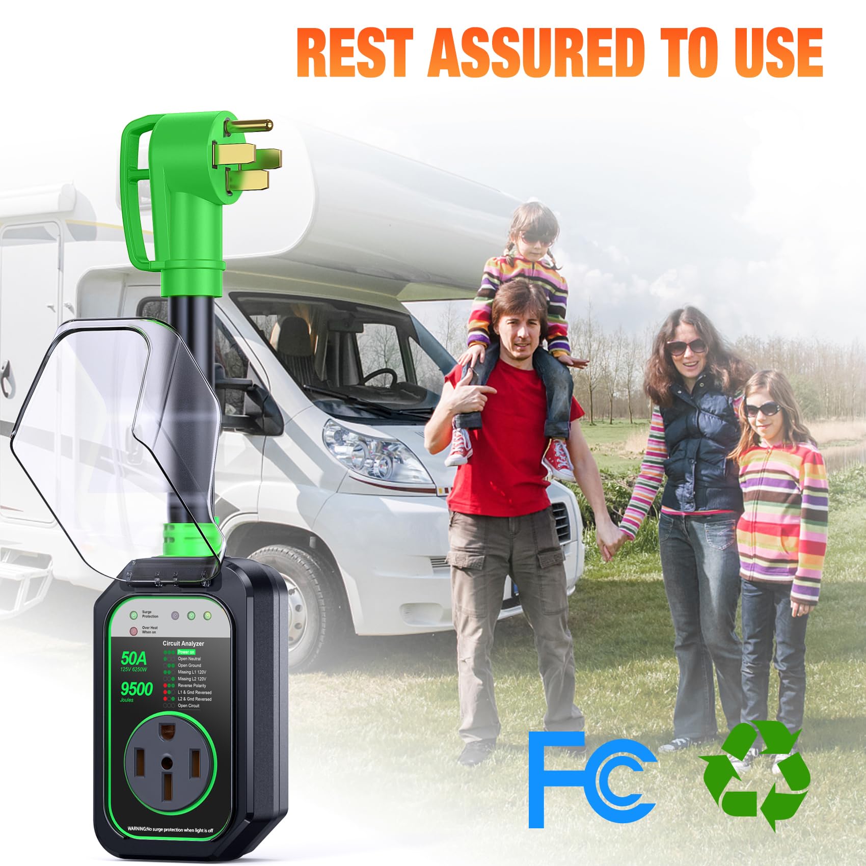 Geargo Rv Surge Protector 50 Amp Rv Circuit Analyzer, Full Protection(9500 Joules), Rv Adapter Plug For Camper (Green)