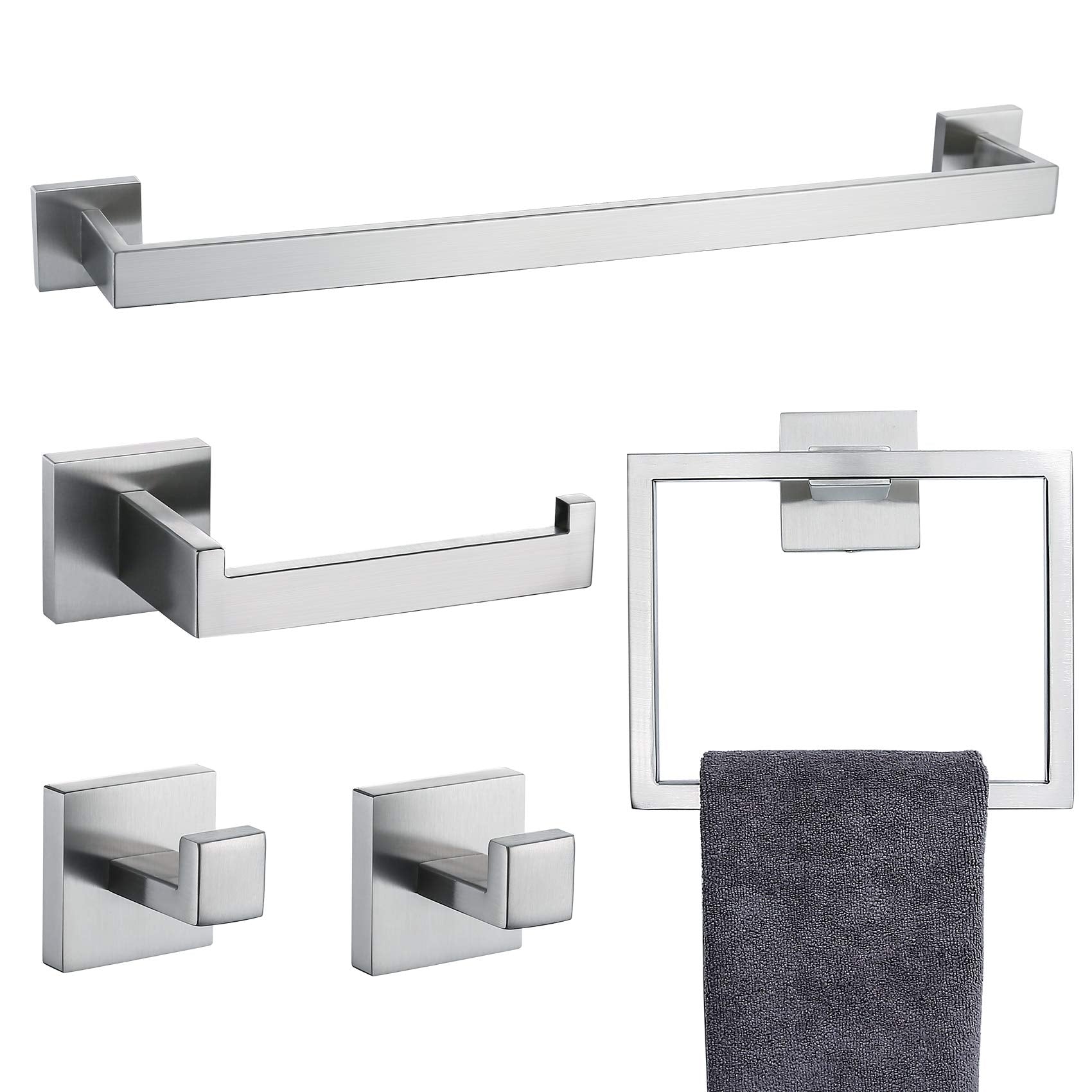 Tnoms Bathroom Towel Bar Set 5 Pieces Brushed Nickel Square Modern Bathroom Hardware Set,Stainless Steel Wall Mounted 23.6-Inch